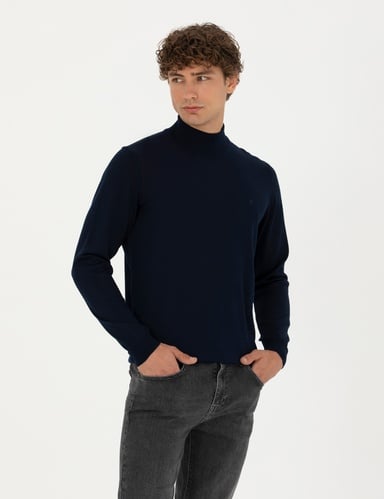 Lacivert Slim Fit Yarım Balıkçı Yaka Yün Karışımlı Basic Triko Kazak