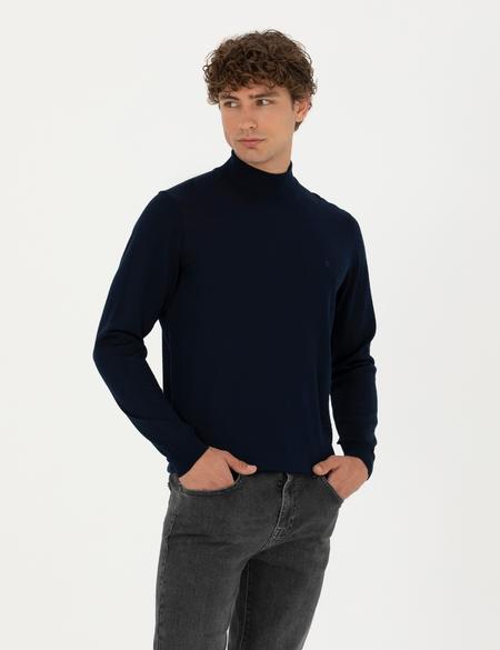 Lacivert Slim Fit Yarım Balıkçı Yaka Yün Karışımlı Basic Triko Kazak - 50270055041