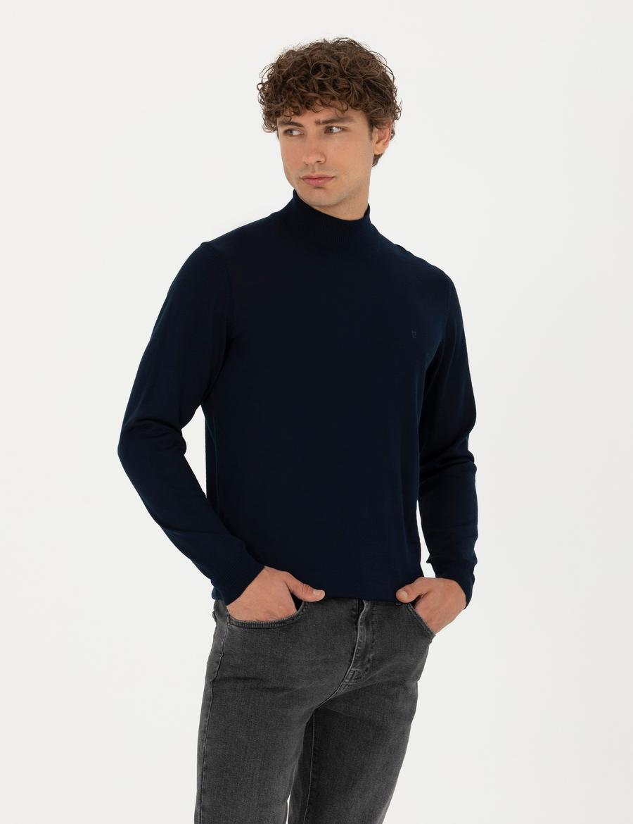 Lacivert Slim Fit Yarım Balıkçı Yaka Yün Karışımlı Basic Triko Kazak