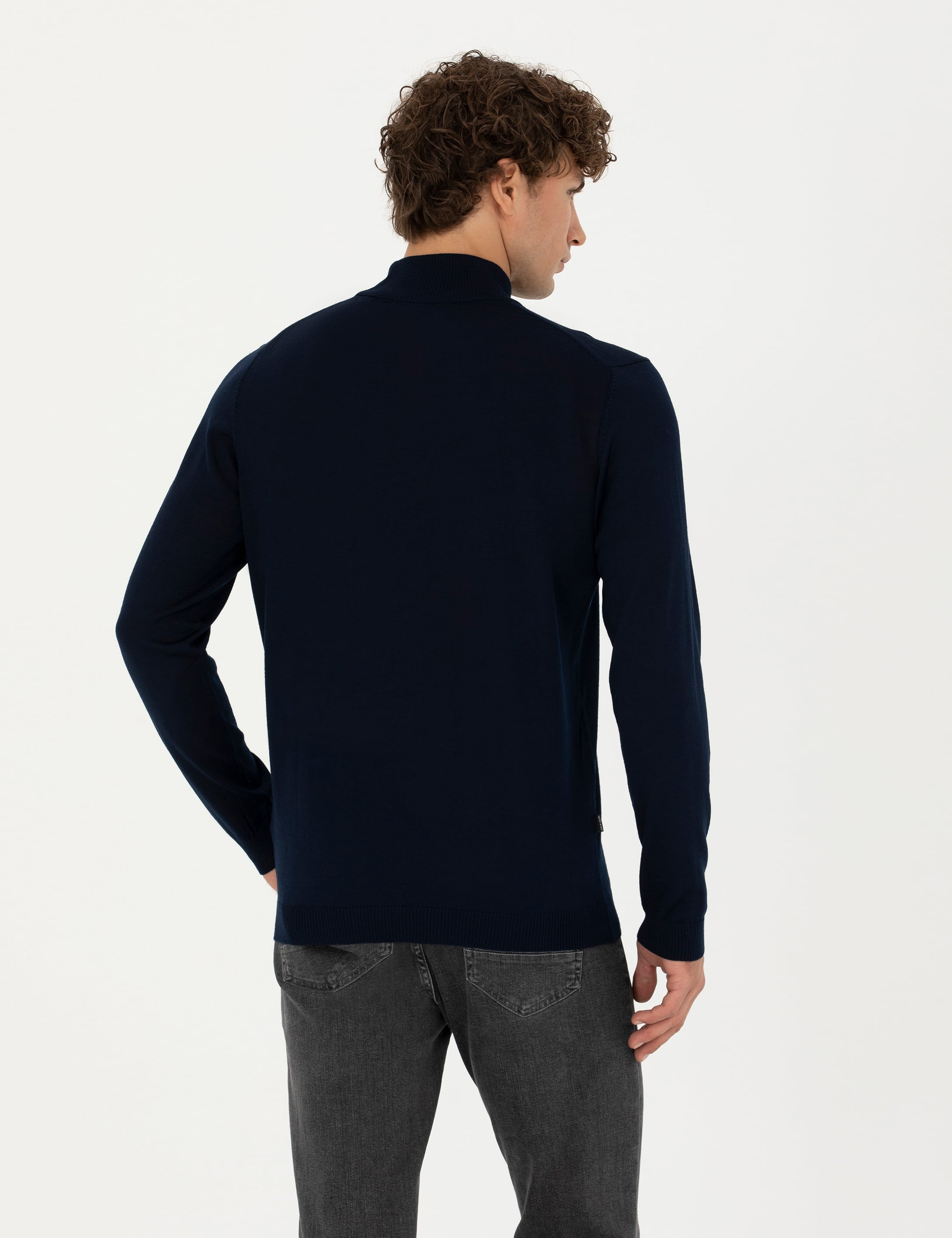 Lacivert Slim Fit Yarım Balıkçı Yaka Yün Karışımlı Basic Triko Kazak
