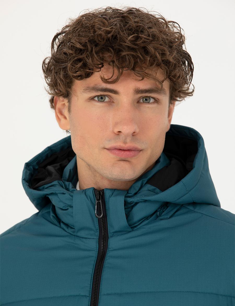 Petrol Kapüşonlu Şişme Spor Mont