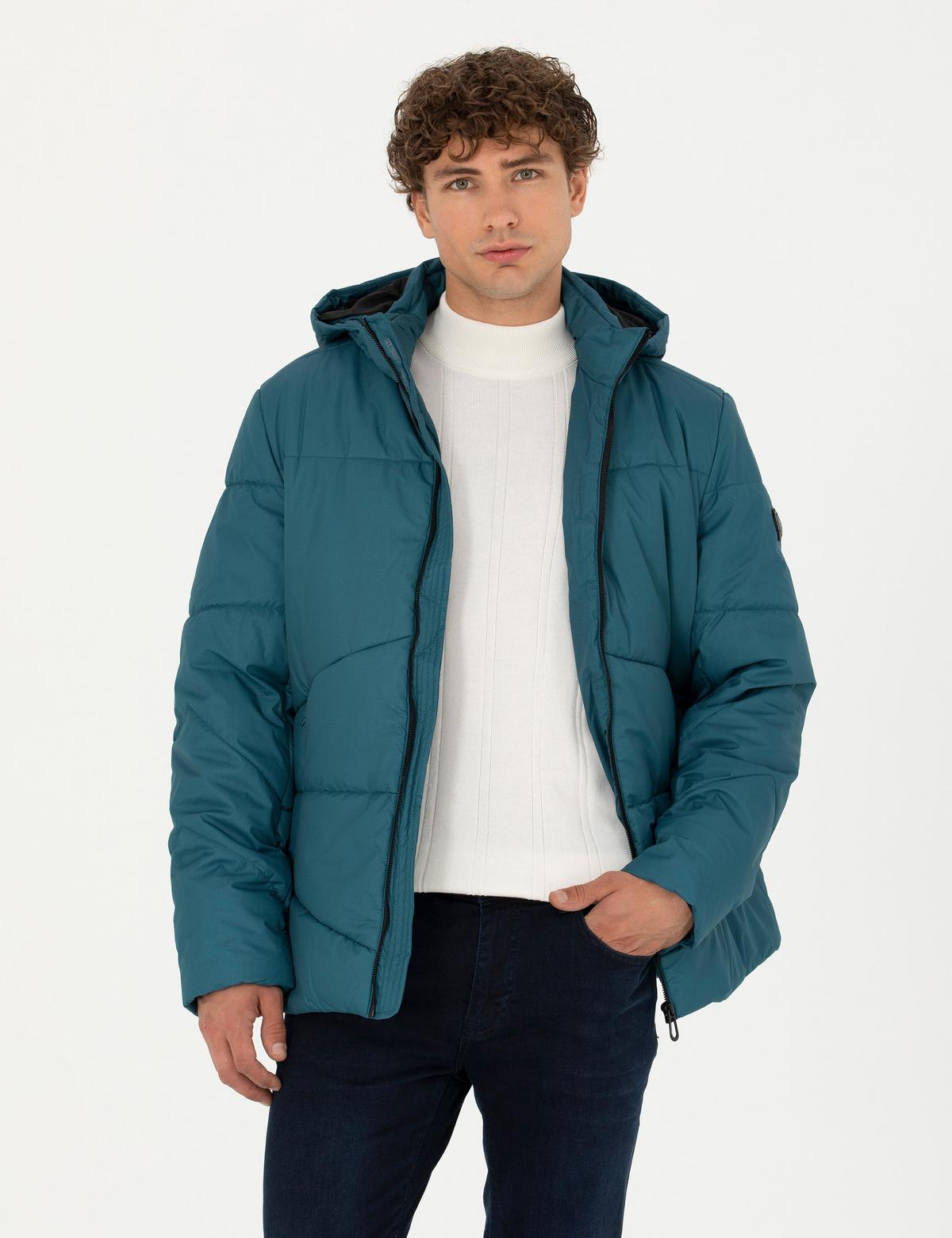 Petrol Kapüşonlu Şişme Spor Mont - 50275489003