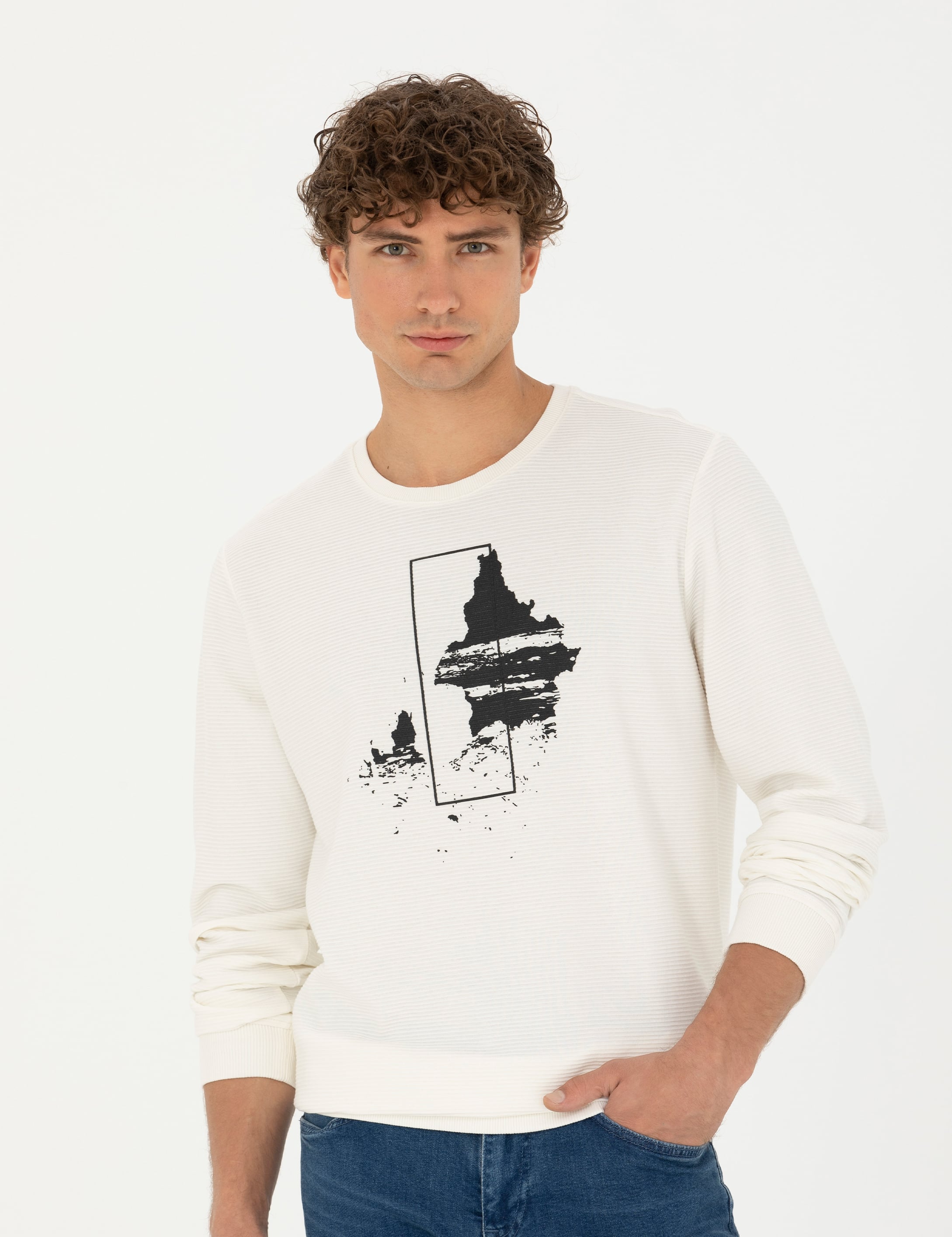 Ekru Regular Fit %100 Pamuk Bisiklet Yaka Sweatshirt