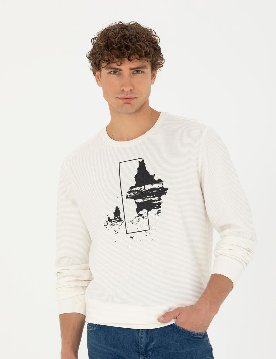 Ekru Regular Fit %100 Pamuk Bisiklet Yaka Sweatshirt