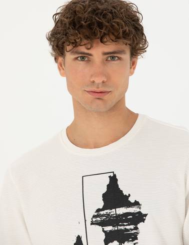 Ekru Regular Fit %100 Pamuk Bisiklet Yaka Sweatshirt