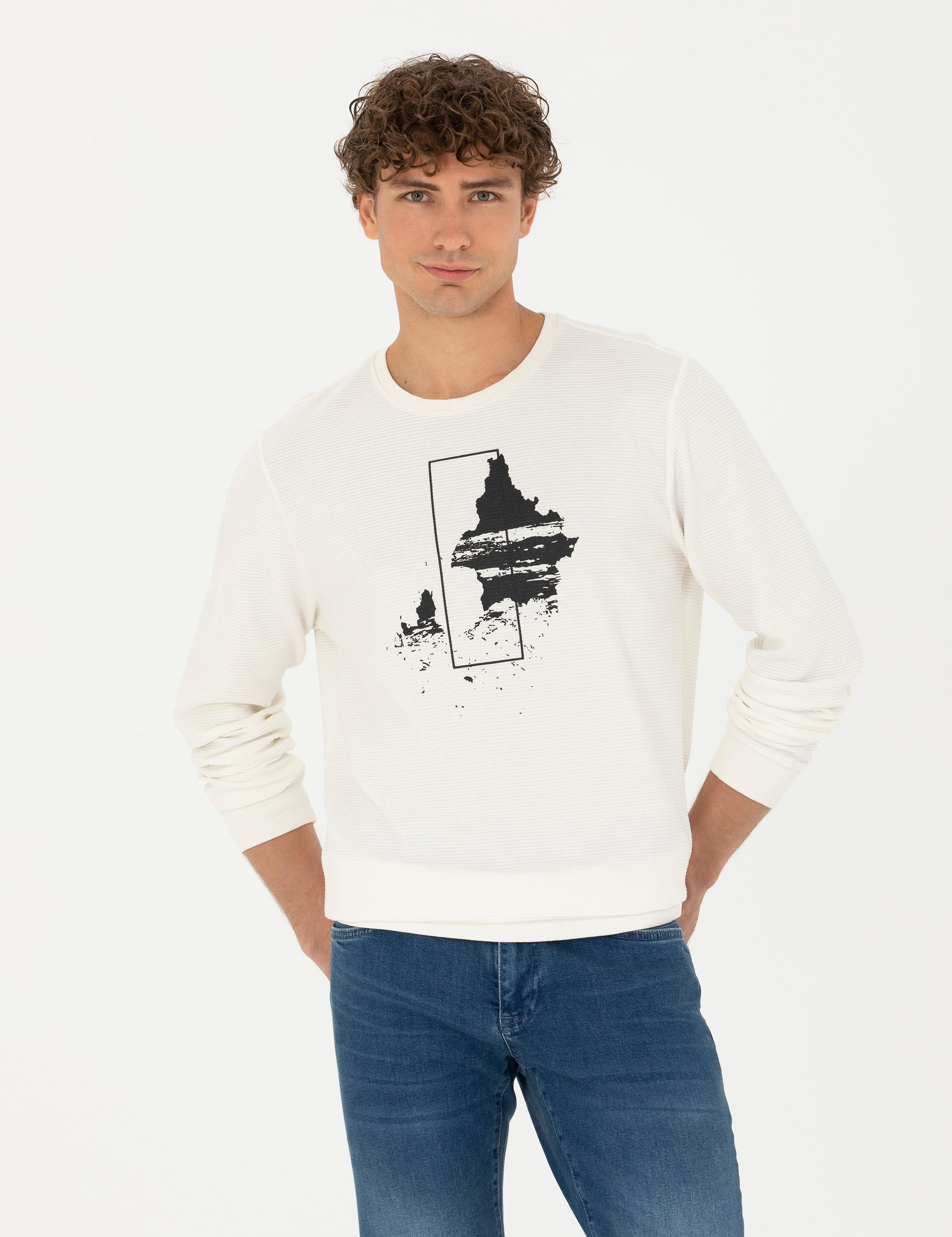 Ekru Regular Fit %100 Pamuk Bisiklet Yaka Sweatshirt