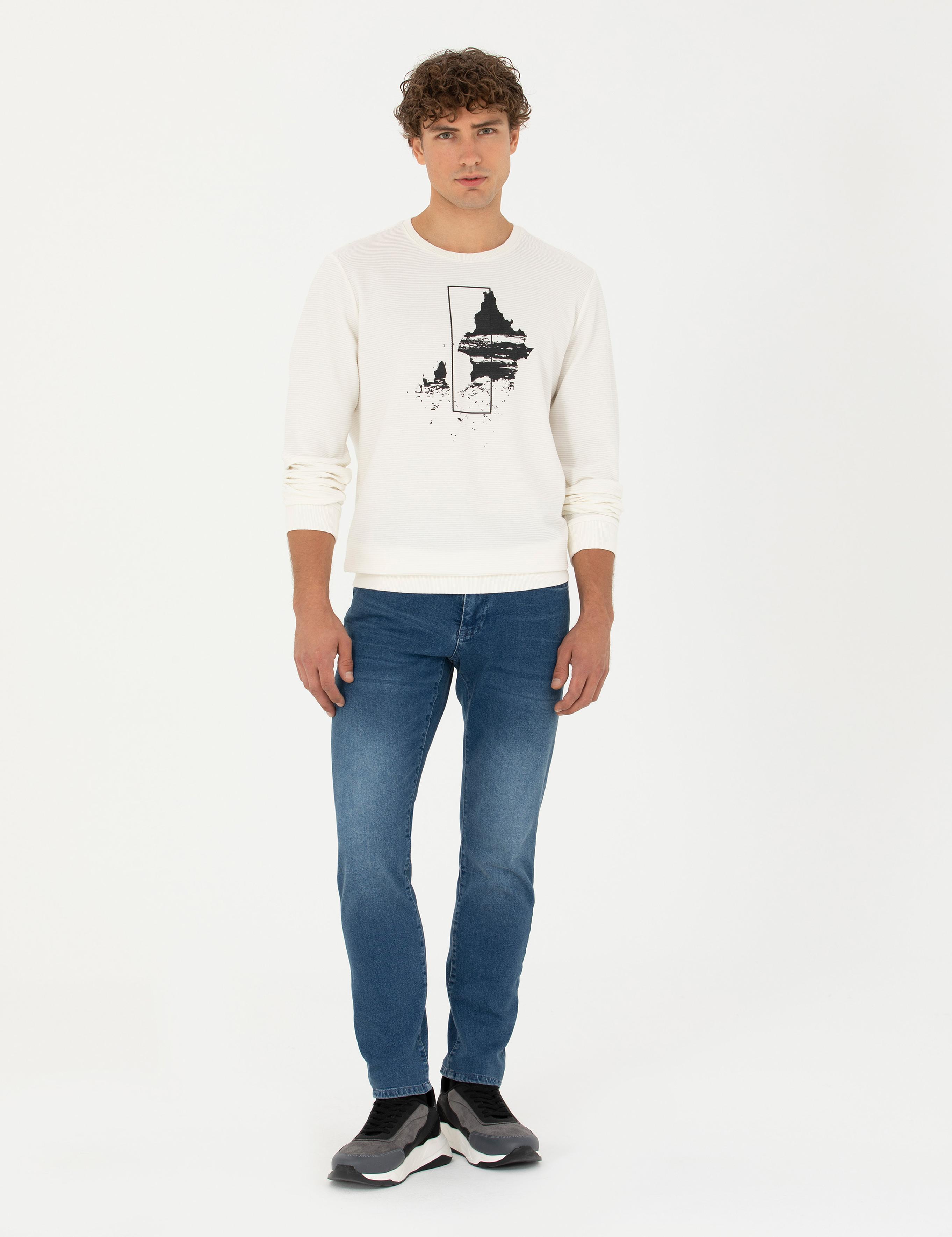 Ekru Regular Fit %100 Pamuk Bisiklet Yaka Sweatshirt