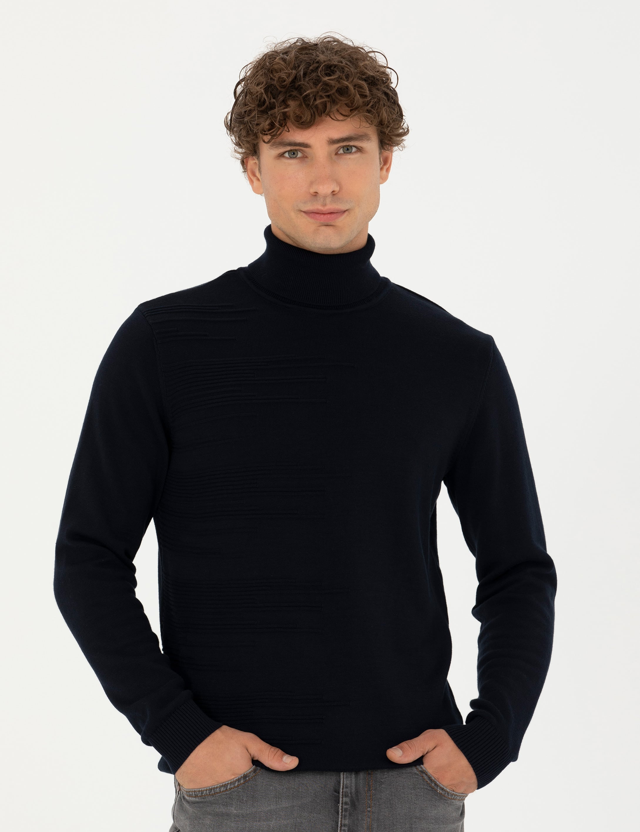 Lacivert Slim Fit Balıkçı Yaka Triko Kazak
