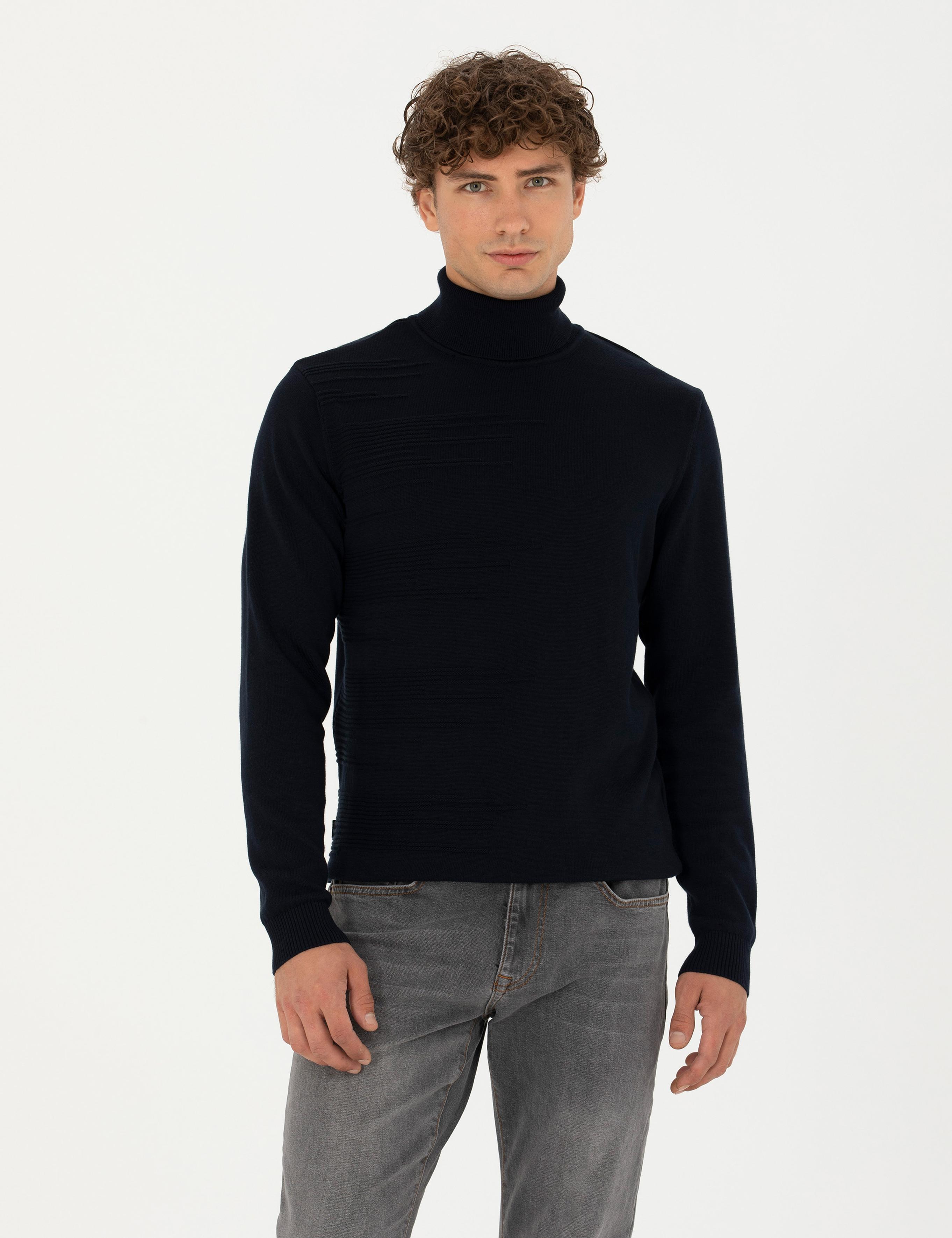 Lacivert Slim Fit Balıkçı Yaka Triko Kazak