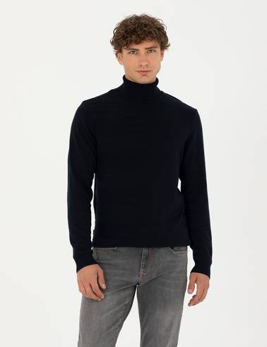 Lacivert Slim Fit Balıkçı Yaka Triko Kazak