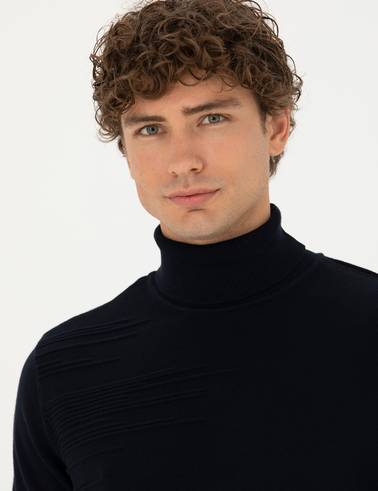 Lacivert Slim Fit Balıkçı Yaka Triko Kazak
