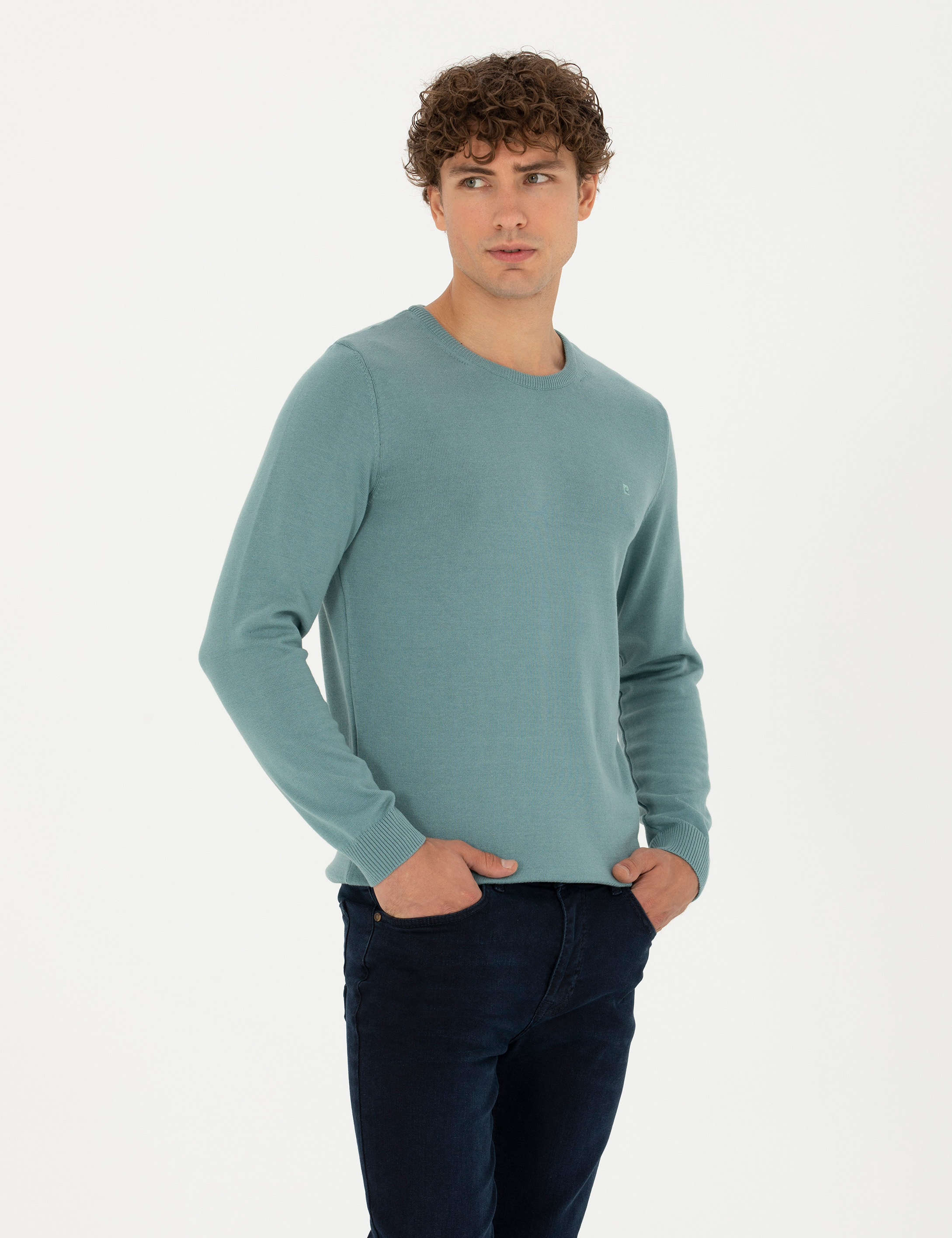 Pierre Cardin Koyu Mint Slim Fit Bisiklet Yaka Basic Triko Kazak görsel 3