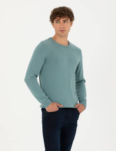 Koyu Mint Slim Fit Bisiklet Yaka Basic Triko Kazak