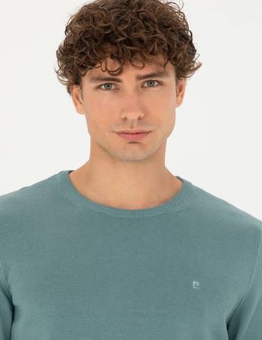 Koyu Mint Slim Fit Bisiklet Yaka Basic Triko Kazak