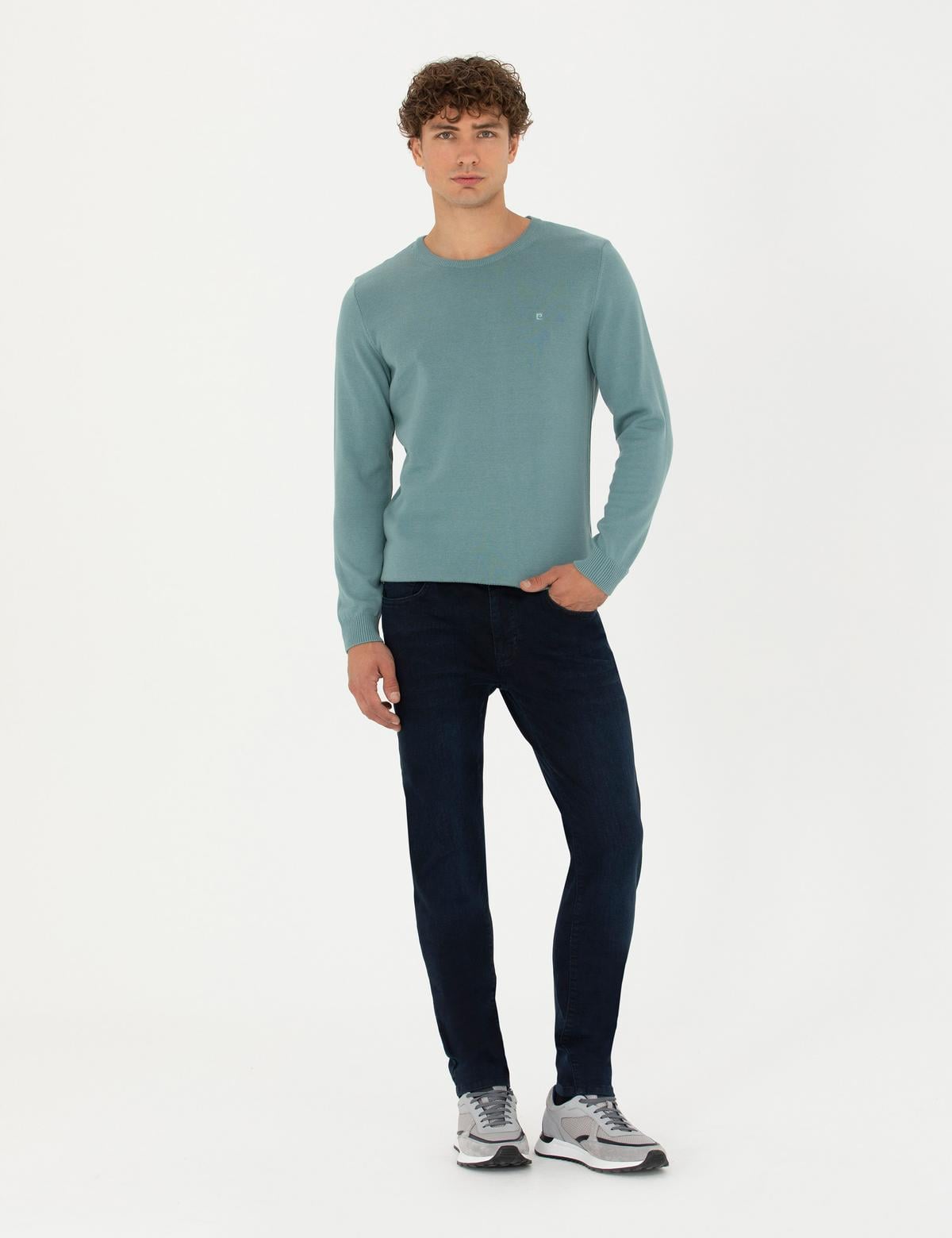 Koyu Mint Slim Fit Bisiklet Yaka Basic Triko Kazak - 50270179151