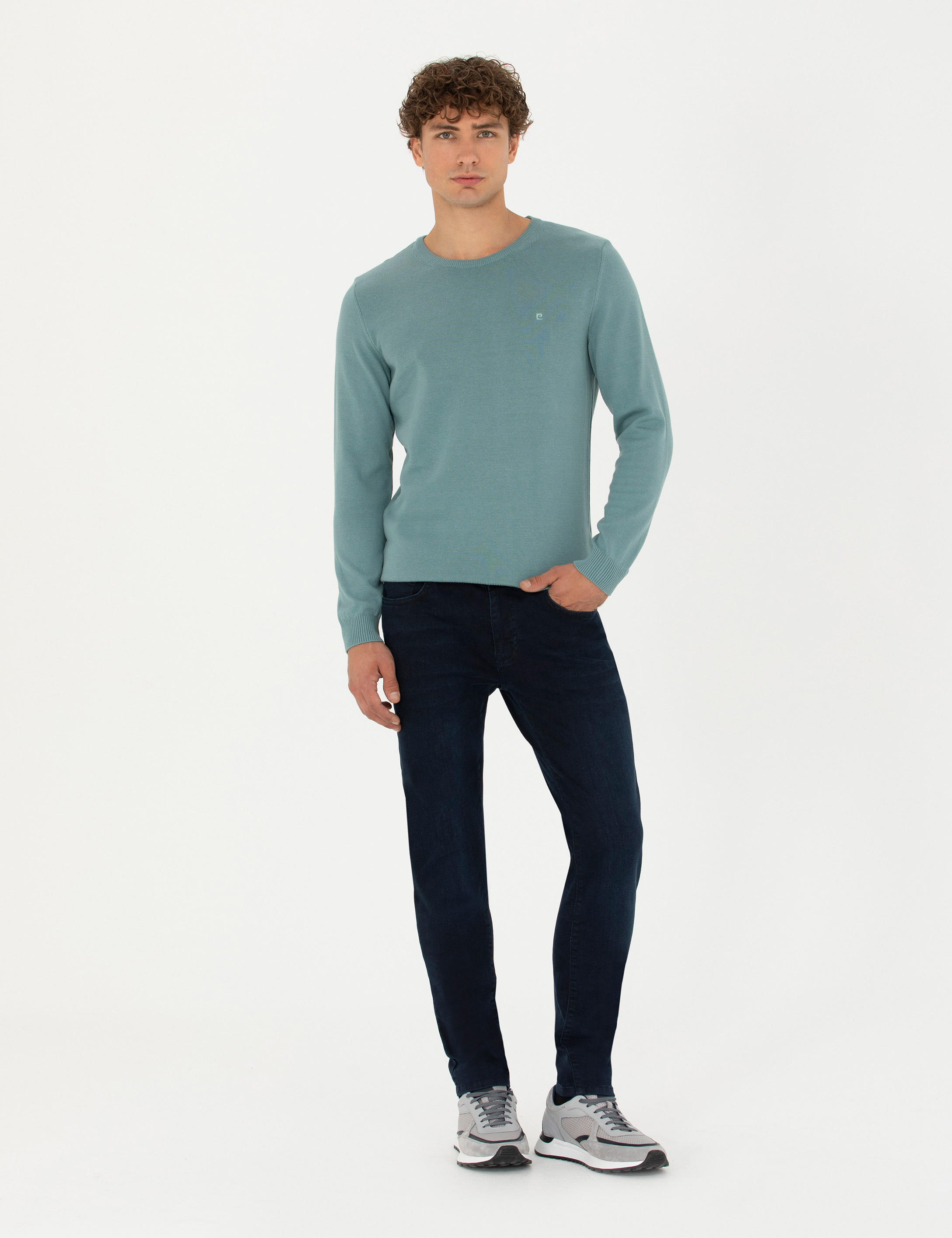 Koyu Mint Slim Fit Bisiklet Yaka Basic Triko Kazak - Image 4