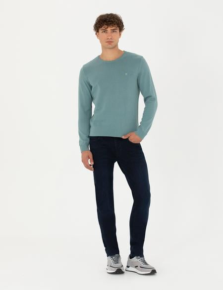 Koyu Mint Slim Fit Bisiklet Yaka Basic Triko Kazak - 50270179151