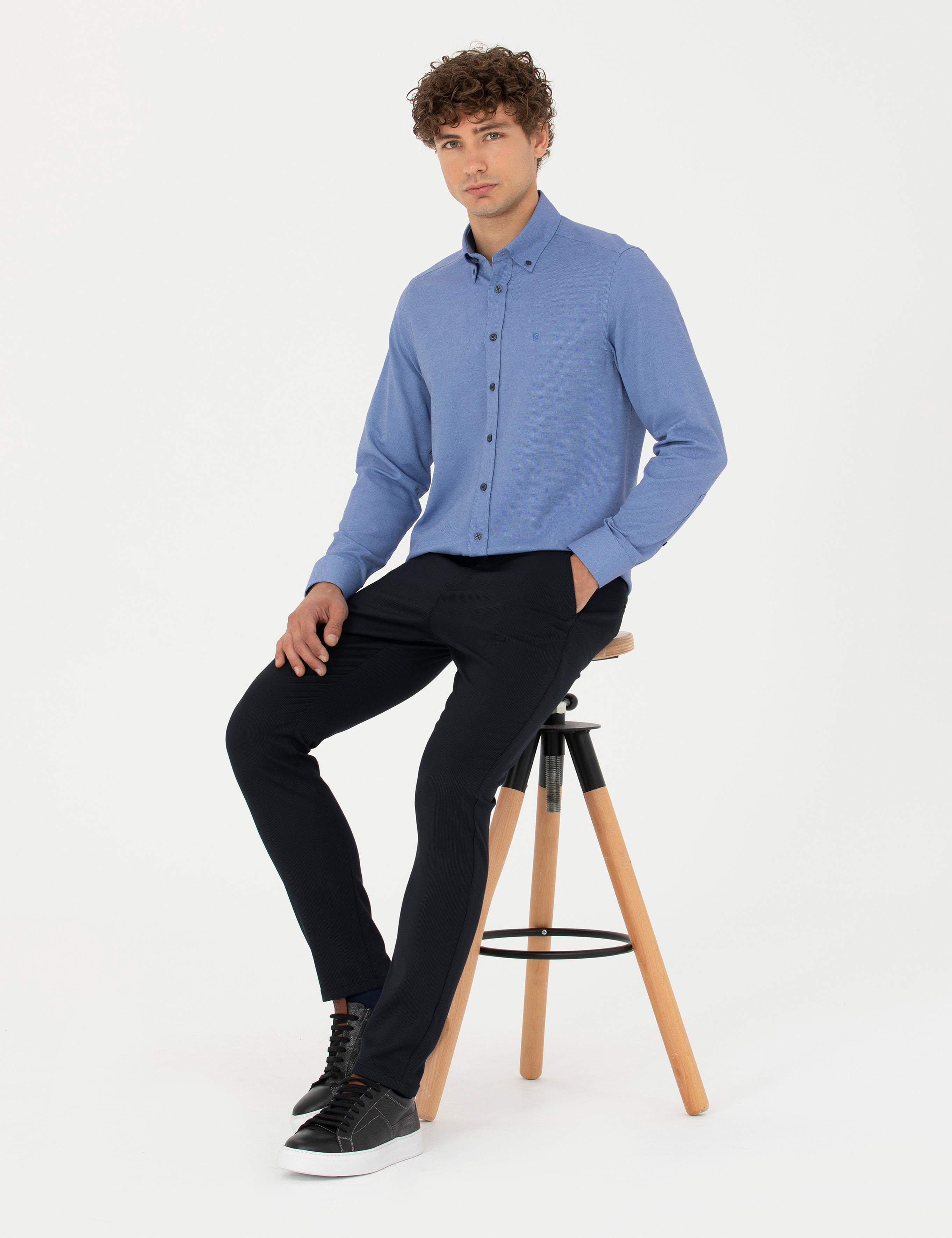 Lacivert Slim Fit Uzun Kollu Gömlek