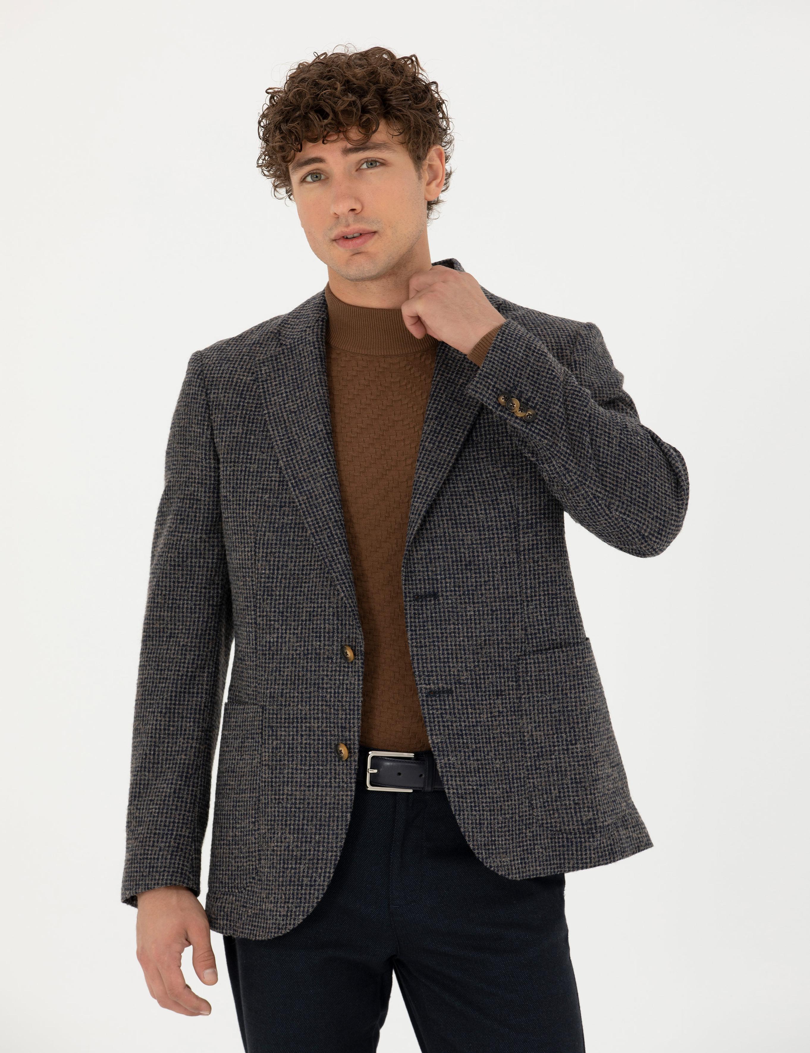 Lacivert Slim Fit Yün Karışımlı Ceket