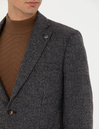Lacivert Slim Fit Yün Karışımlı Ceket