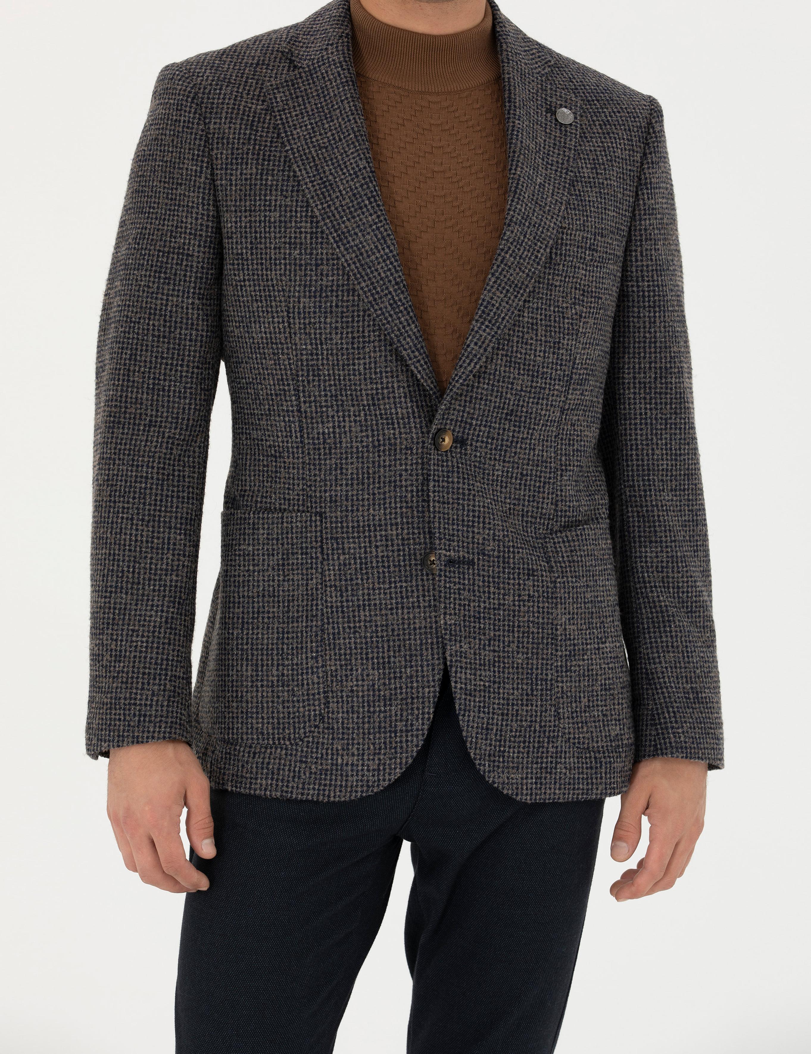 Lacivert Slim Fit Yün Karışımlı Ceket