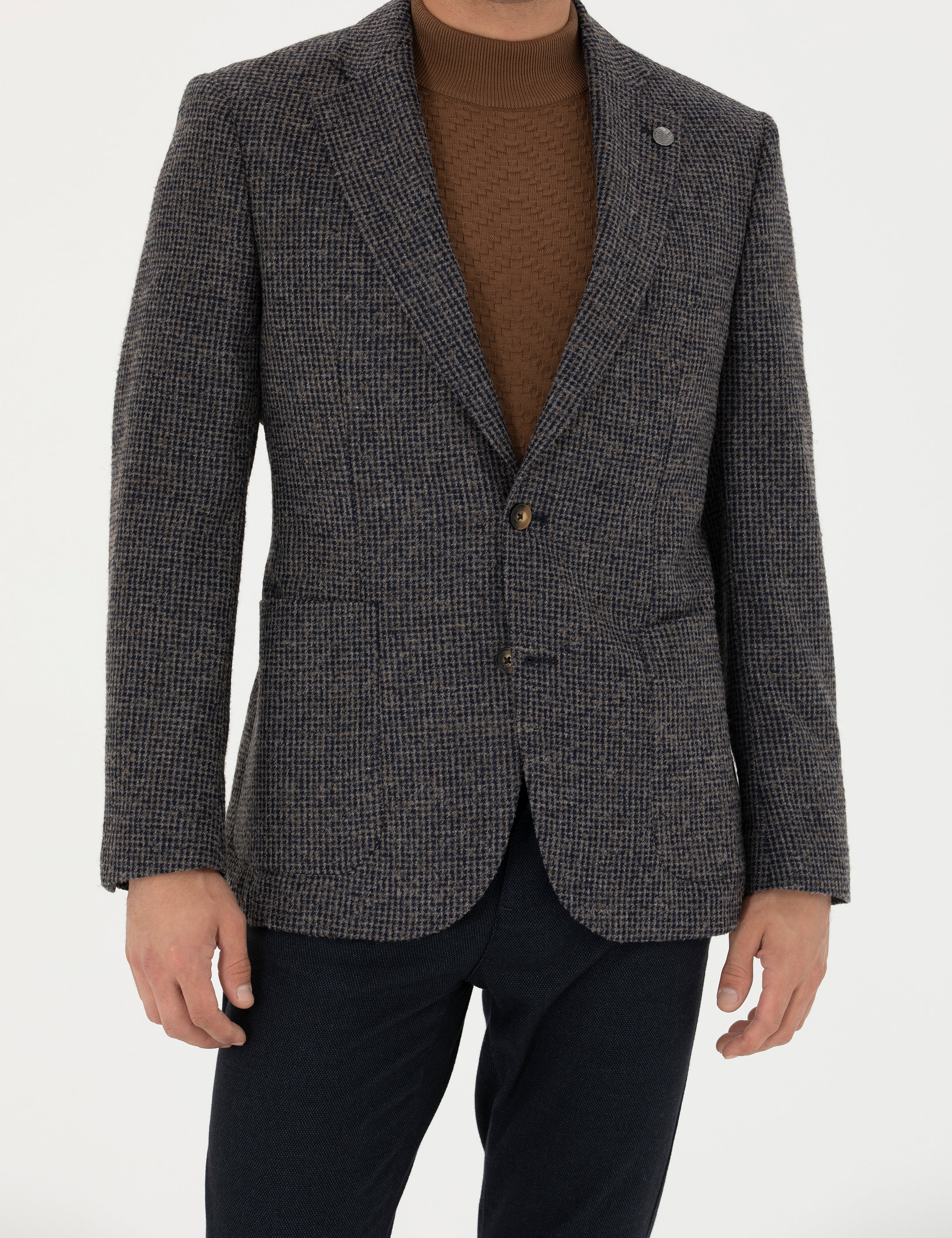 Lacivert Slim Fit Yün Karışımlı Ceket