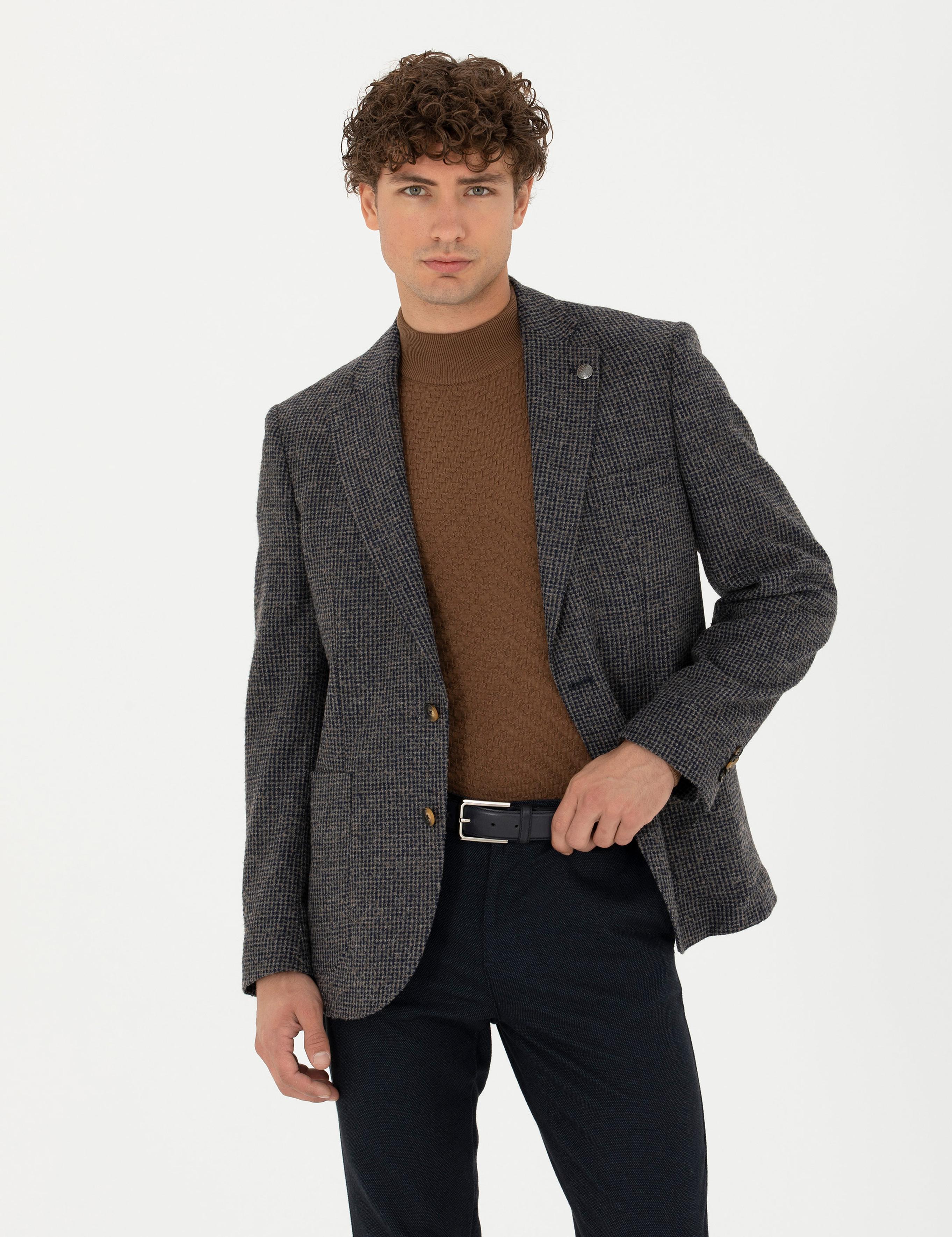 Lacivert Slim Fit Yün Karışımlı Ceket