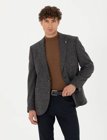Lacivert Slim Fit Yün Karışımlı Ceket