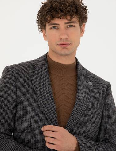 Lacivert Slim Fit Yün Karışımlı Ceket