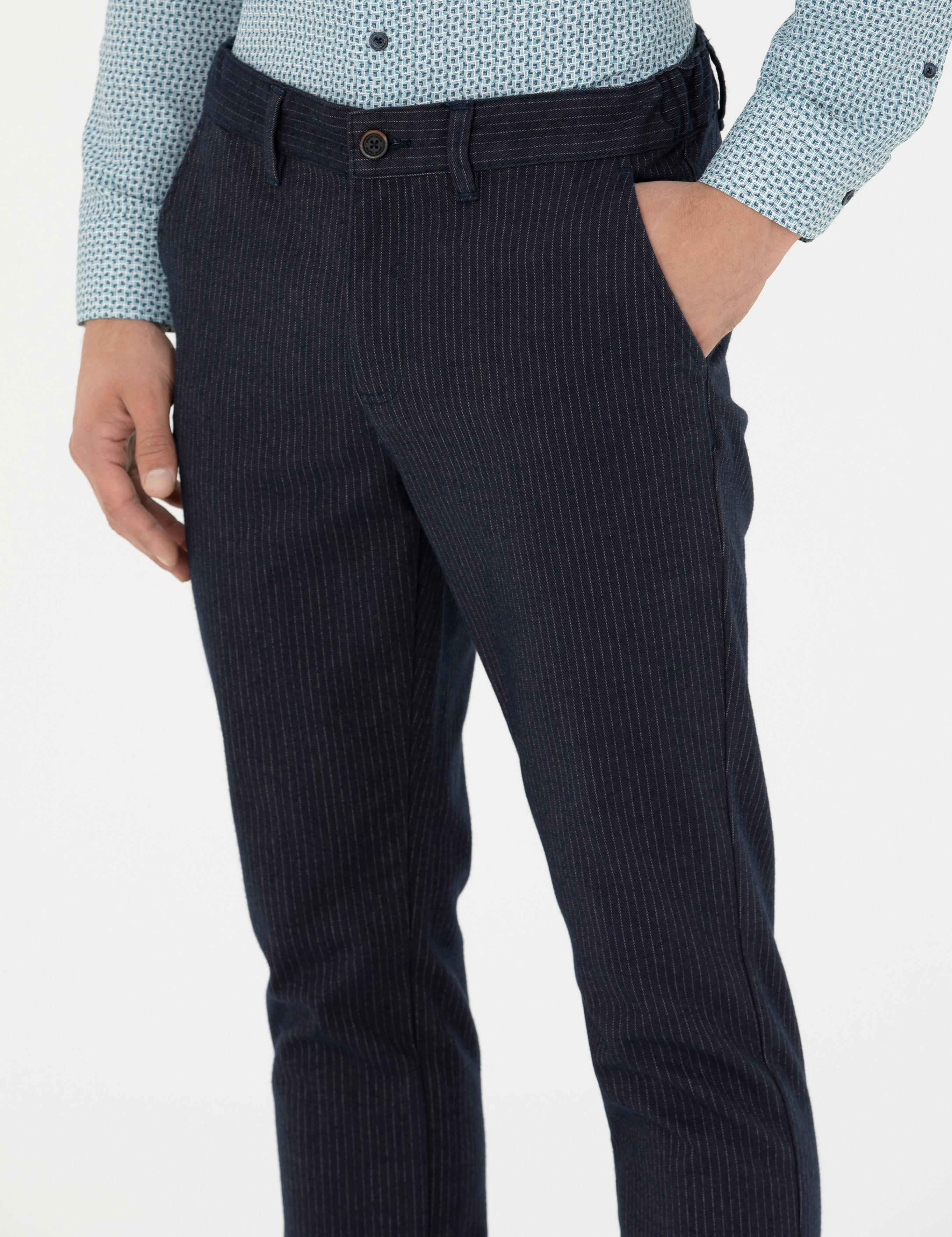 Lacivert Slim Fit Çizgili Kanvas Pantolon