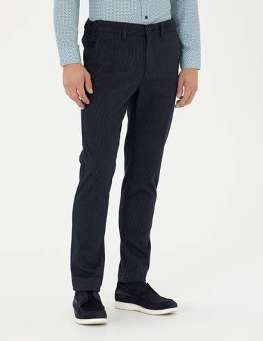 Lacivert Slim Fit Çizgili Kanvas Pantolon