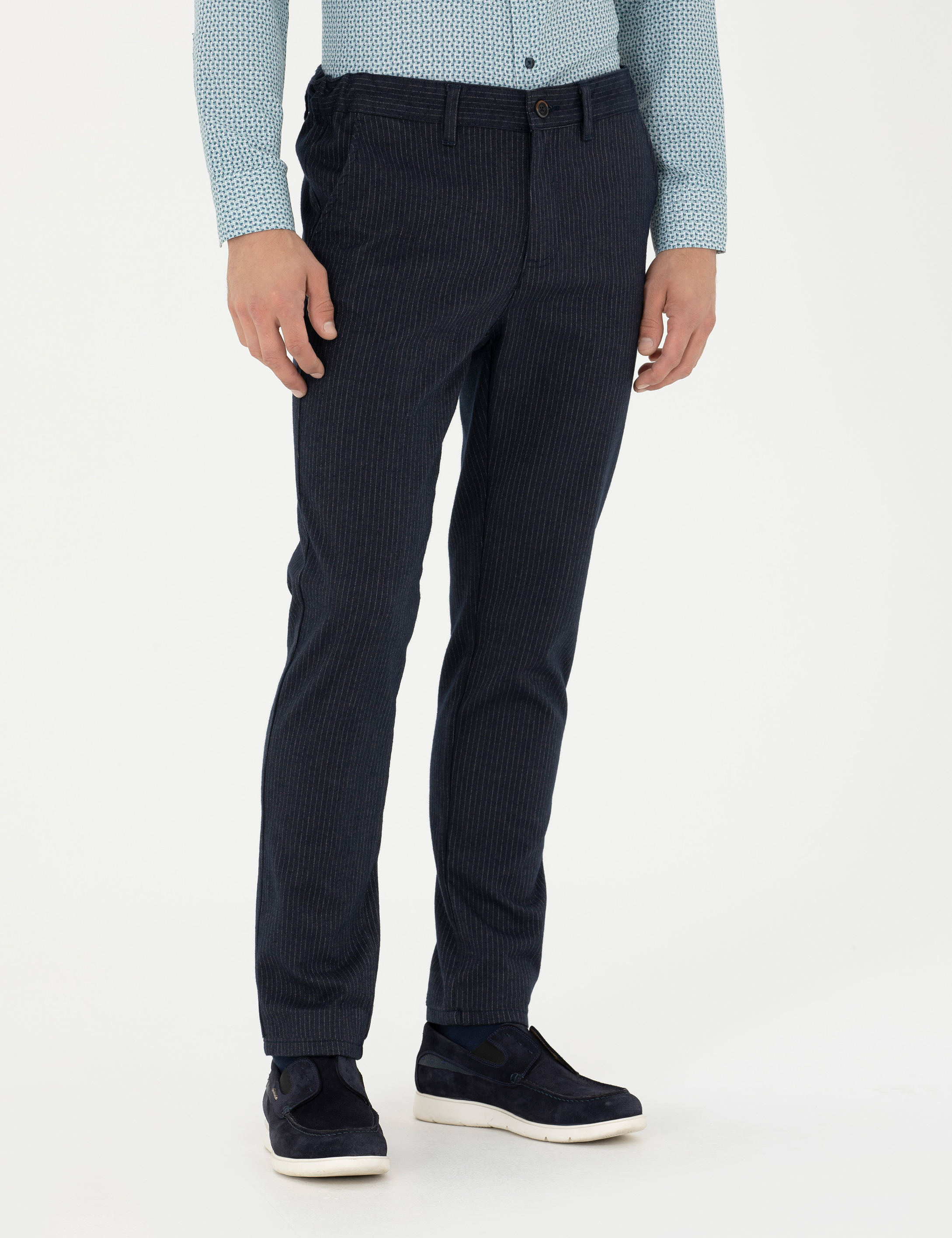 Lacivert Slim Fit Çizgili Kanvas Pantolon - Image 2