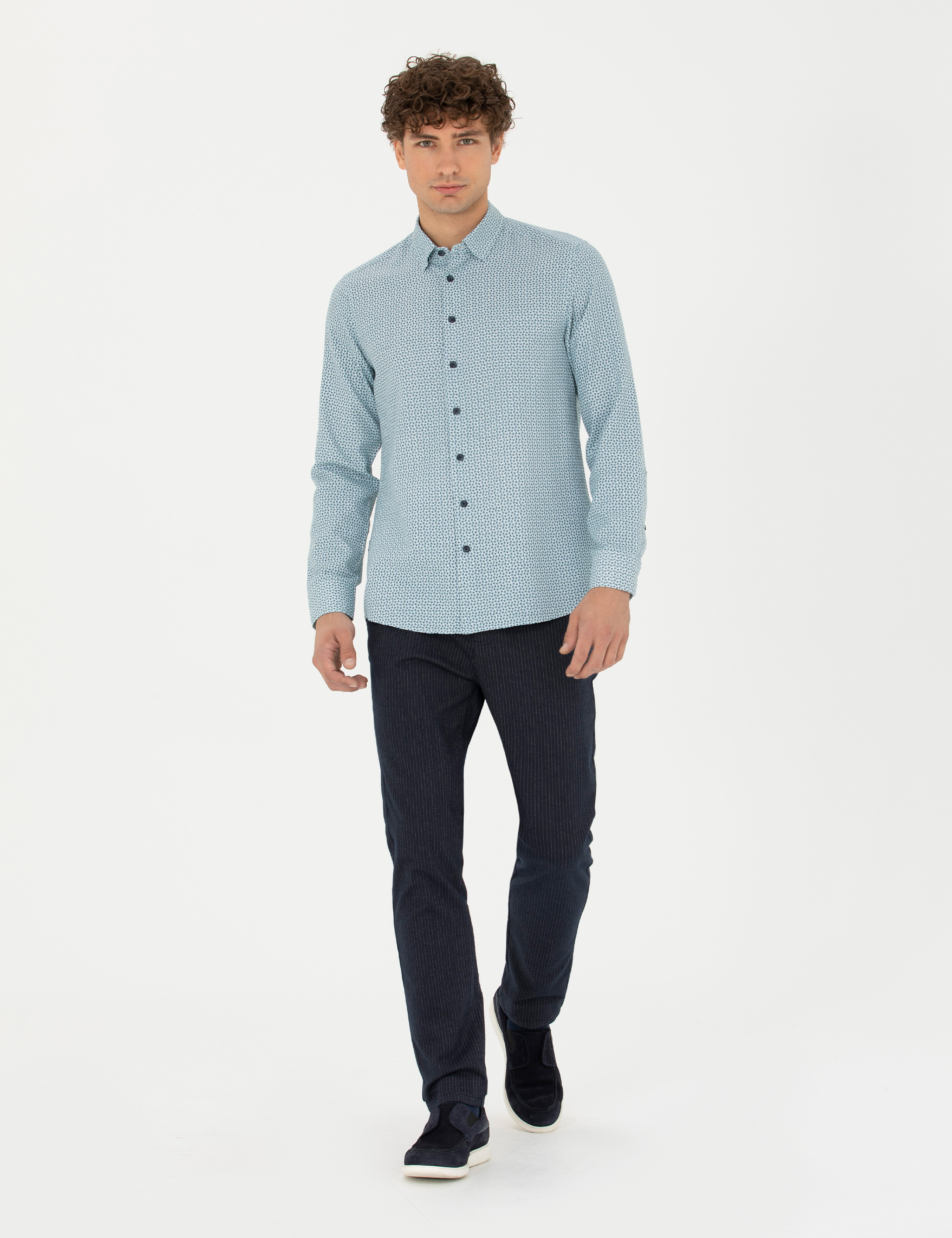 Lacivert Slim Fit Çizgili Kanvas Pantolon - Image 1