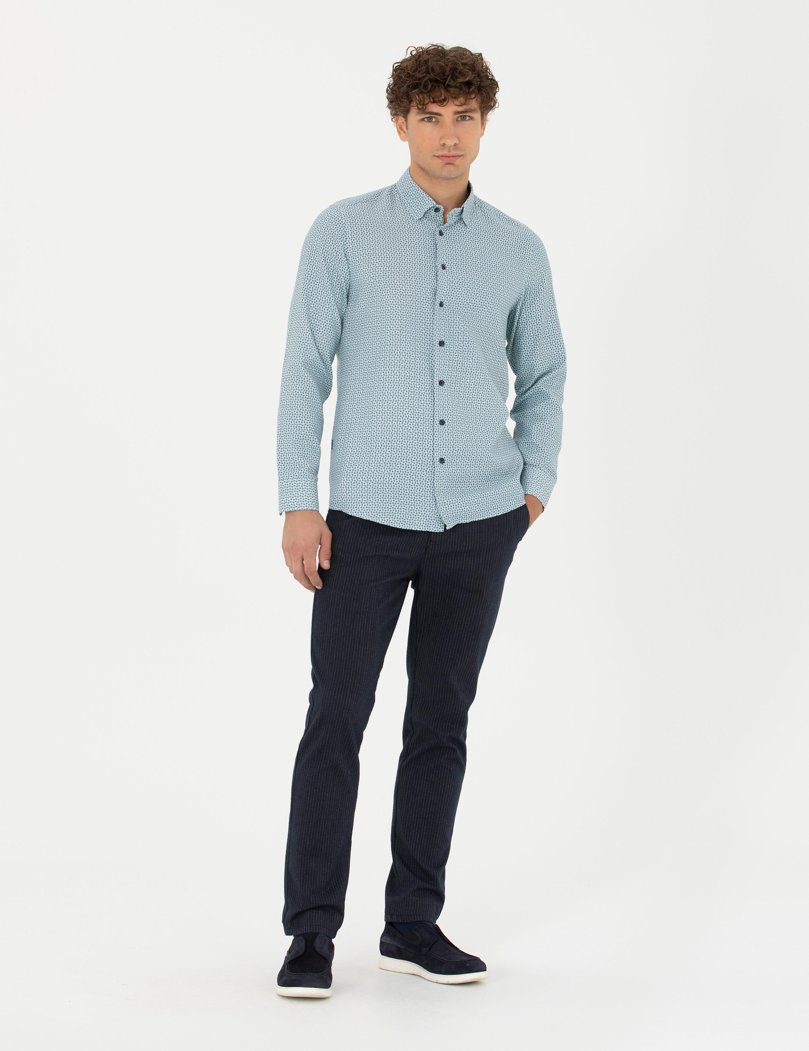 Lacivert Slim Fit Çizgili Kanvas Pantolon