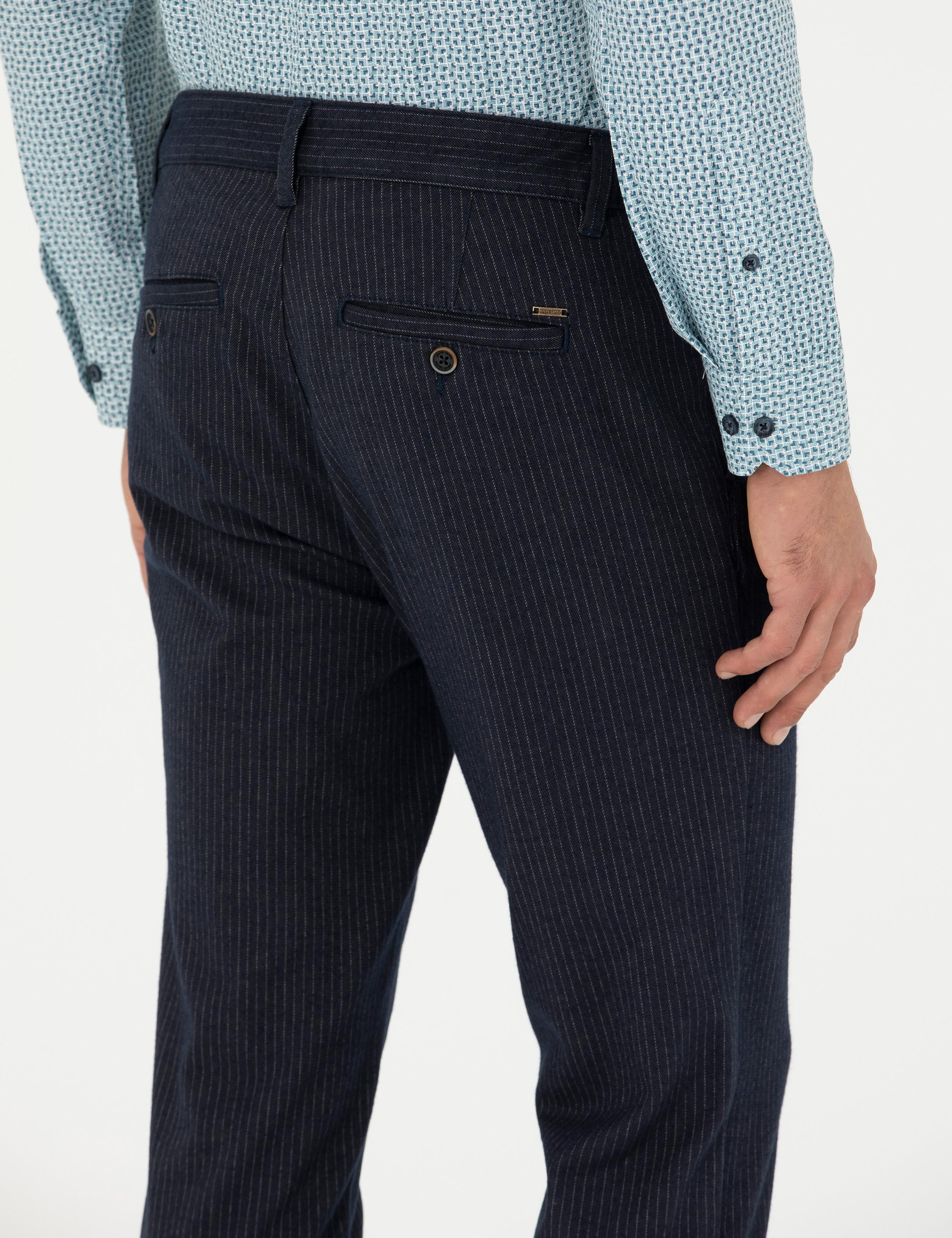 Lacivert Slim Fit Çizgili Kanvas Pantolon