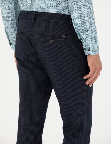 Lacivert Slim Fit Çizgili Kanvas Pantolon
