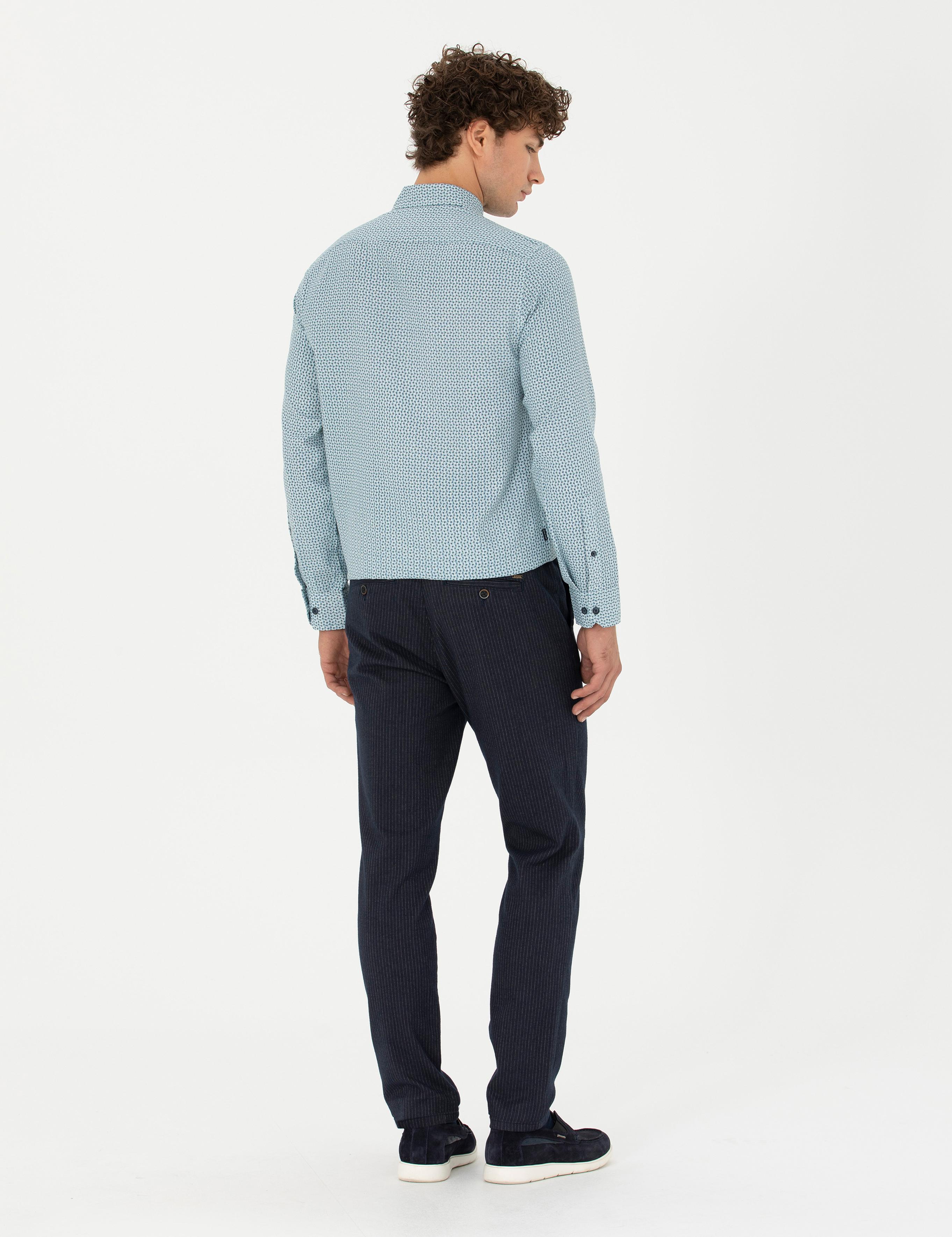 Lacivert Slim Fit Çizgili Kanvas Pantolon