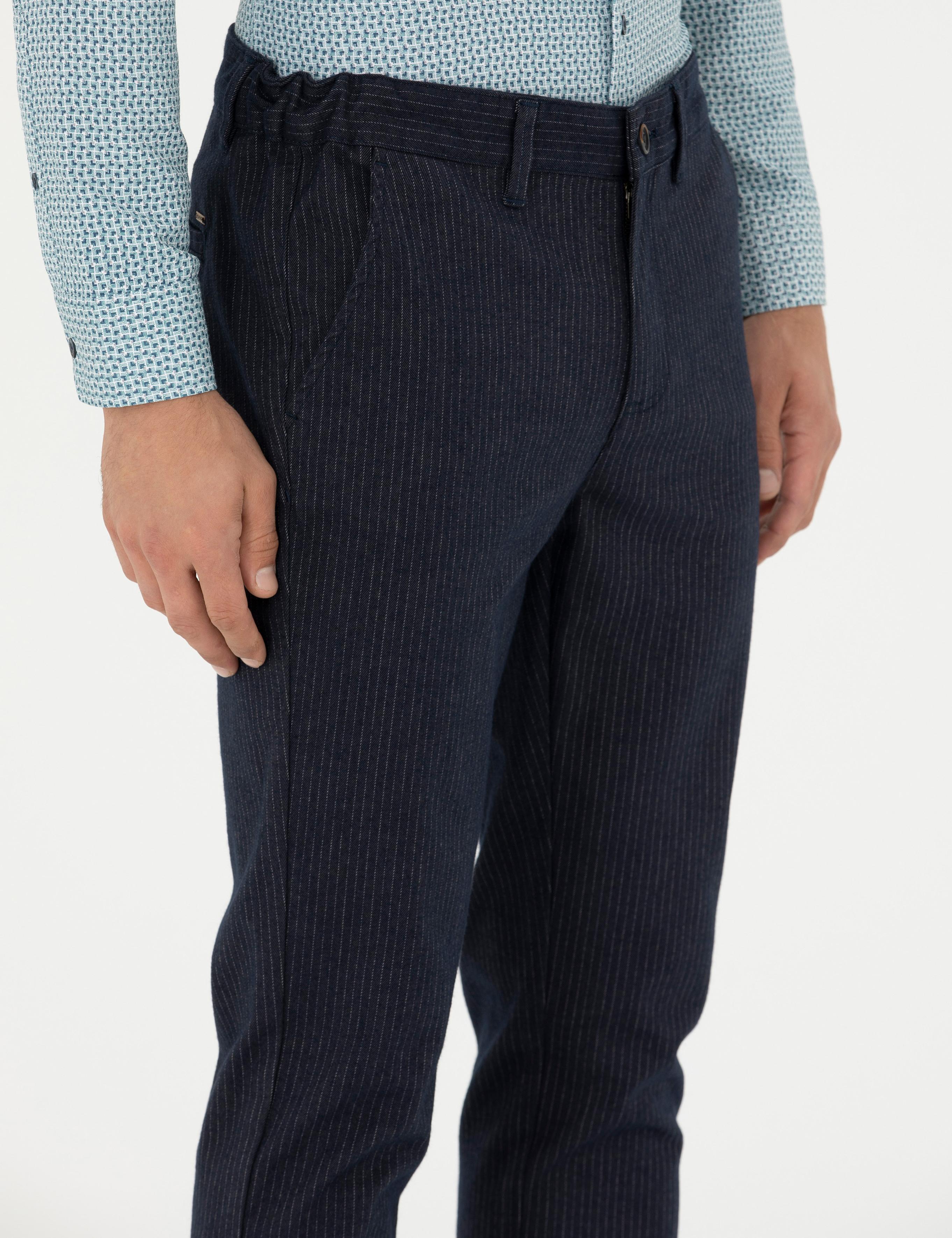 Lacivert Slim Fit Çizgili Kanvas Pantolon