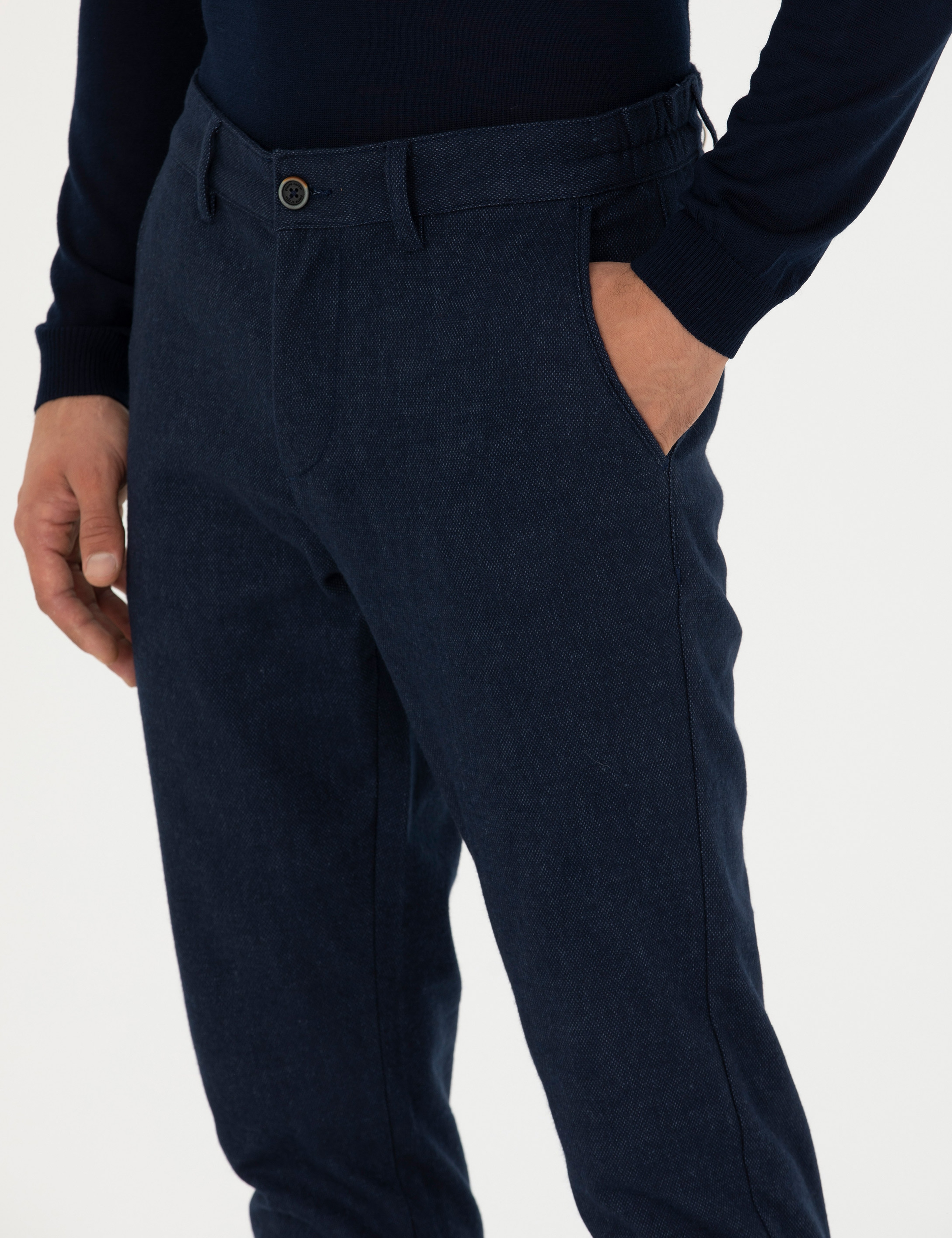 Lacivert Slim Fit Beli Lastikli Kanvas Pantolon - Image 5