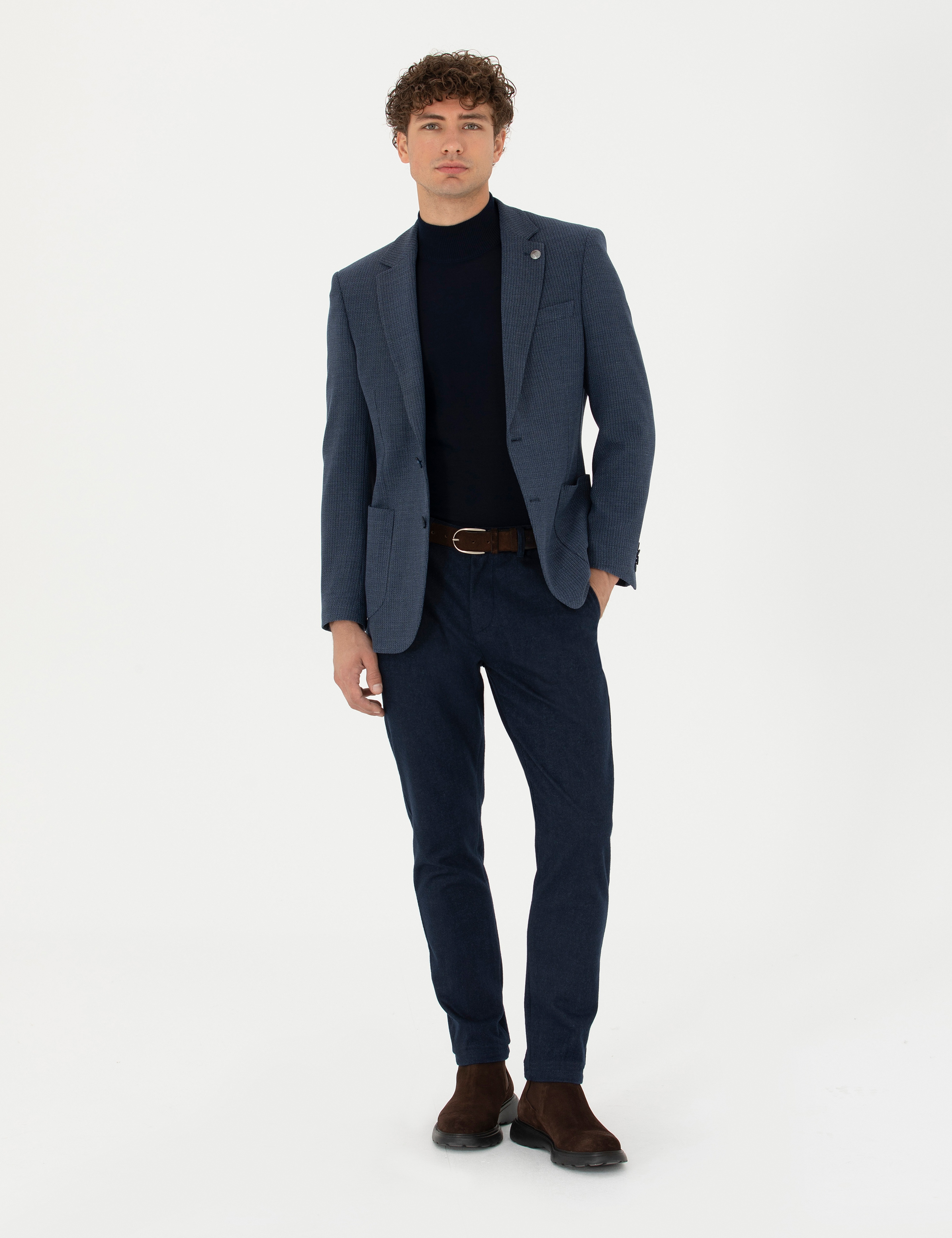 Lacivert Slim Fit Beli Lastikli Kanvas Pantolon - Image 1