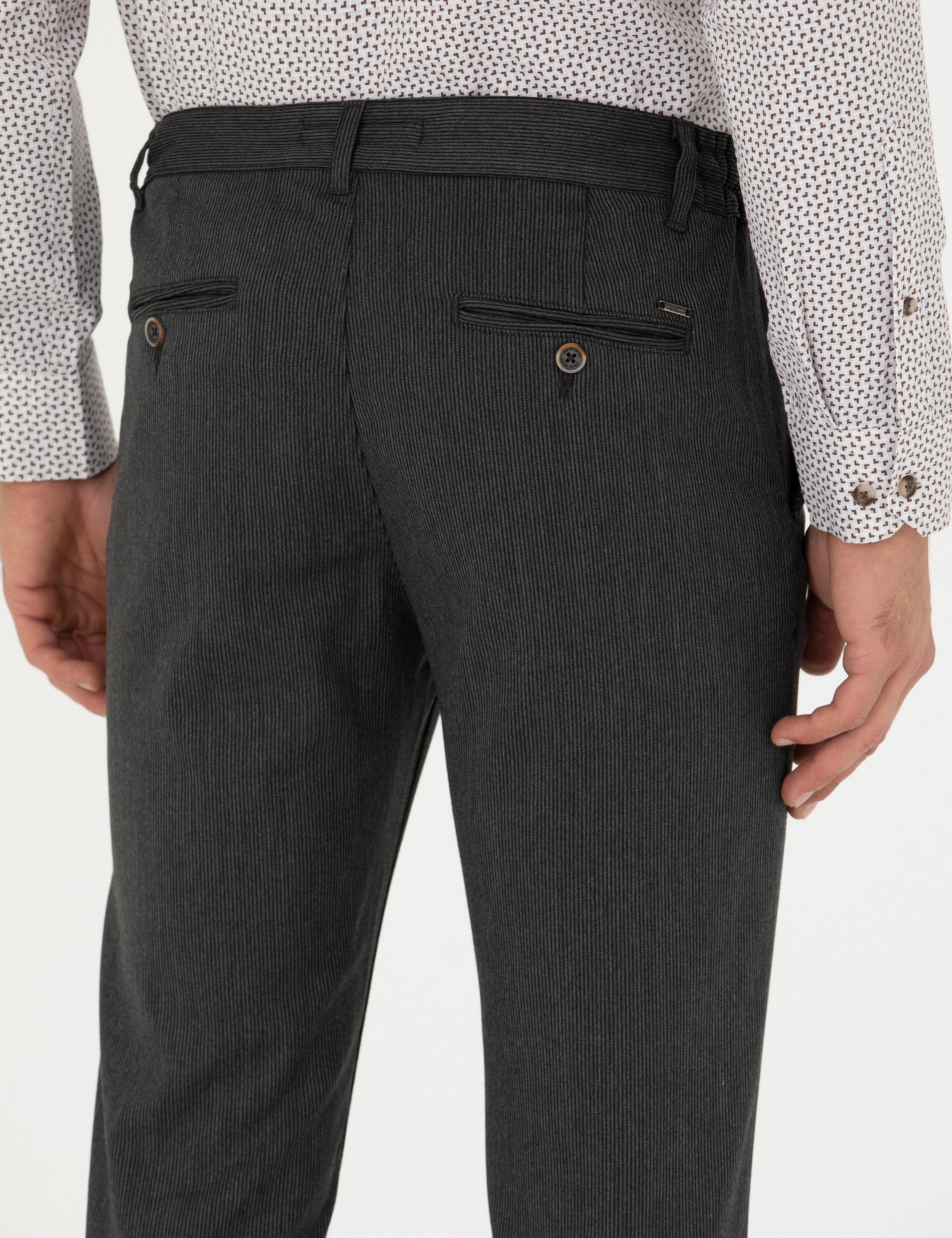 Antrasit Slim Fit Çizgili Beli Lastikli Bağcıklı Kanvas Pantolon - Image 7