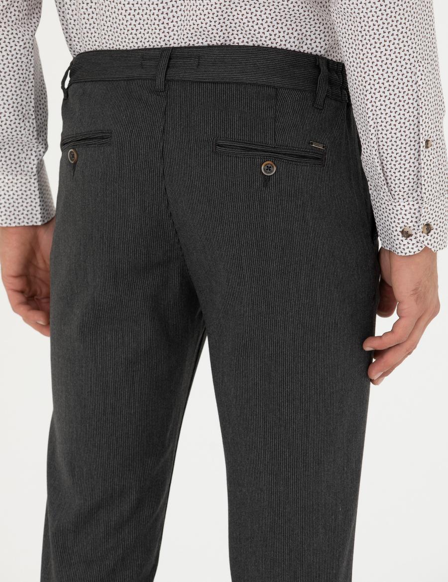 Antrasit Slim Fit Çizgili Beli Lastikli Bağcıklı Kanvas Pantolon