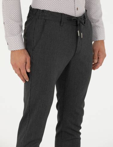 Antrasit Slim Fit Çizgili Beli Lastikli Bağcıklı Kanvas Pantolon