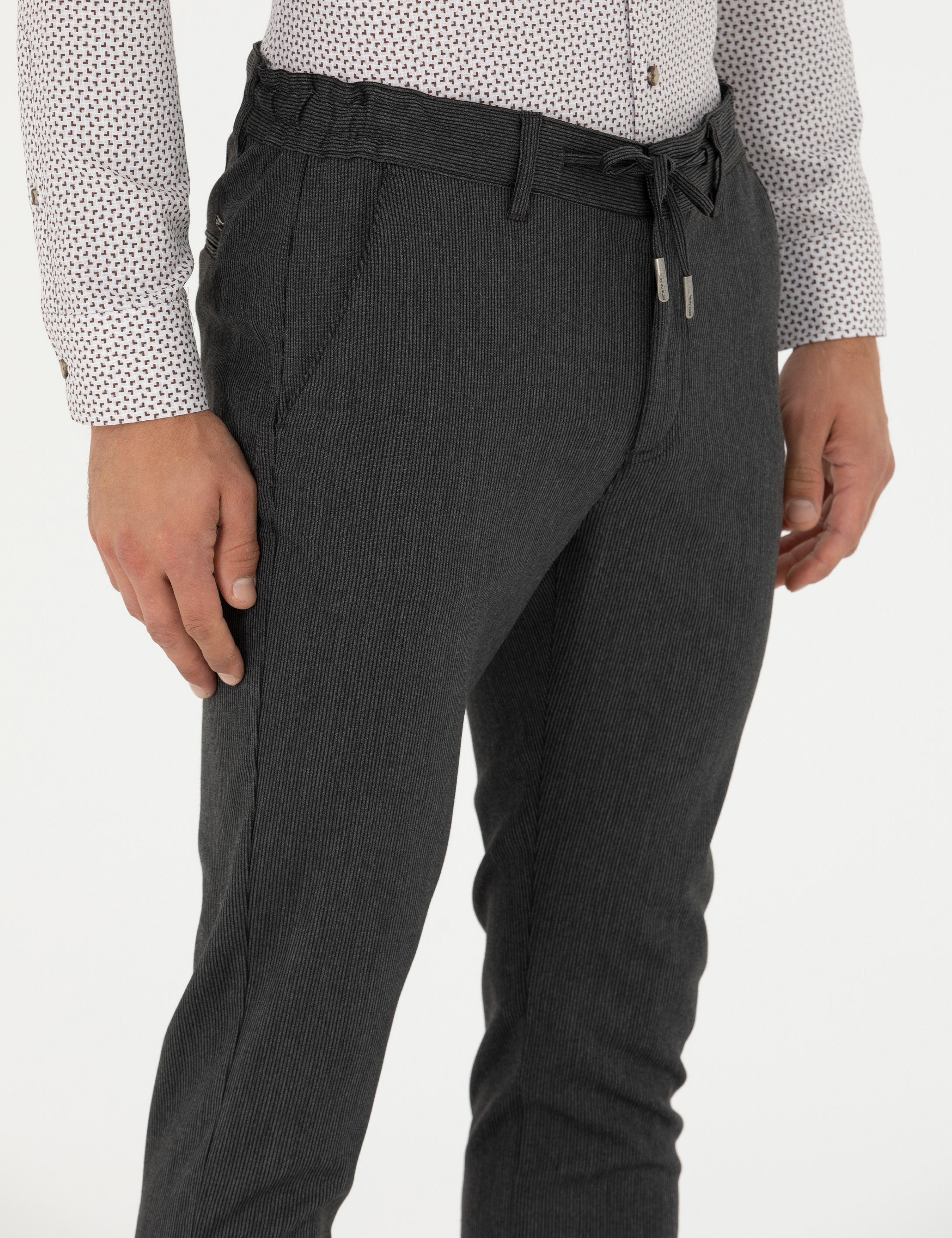 Antrasit Slim Fit Çizgili Beli Lastikli Bağcıklı Kanvas Pantolon