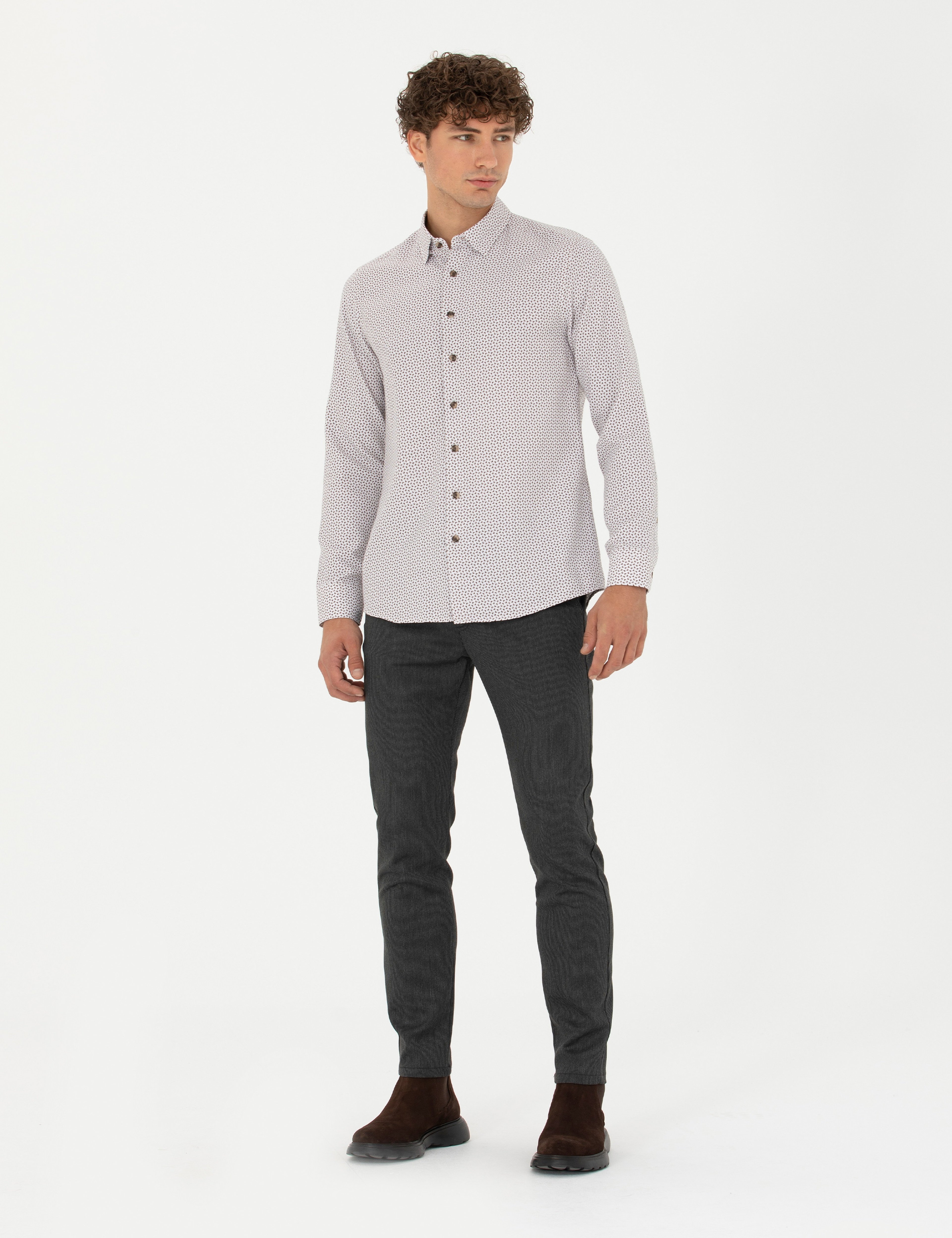 Antrasit Slim Fit Çizgili Beli Lastikli Bağcıklı Kanvas Pantolon - Image 3