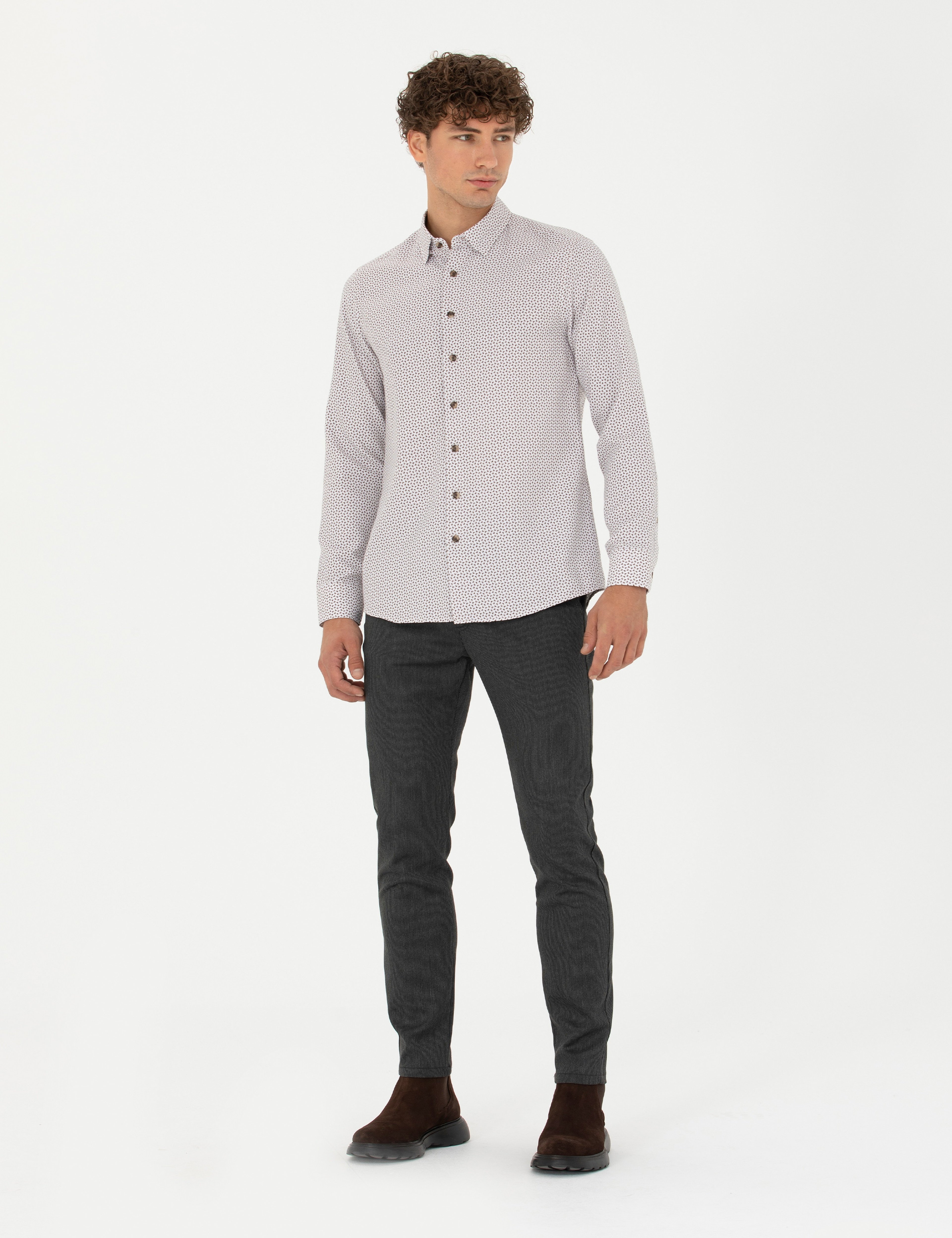 Antrasit Slim Fit Çizgili Beli Lastikli Bağcıklı Kanvas Pantolon
