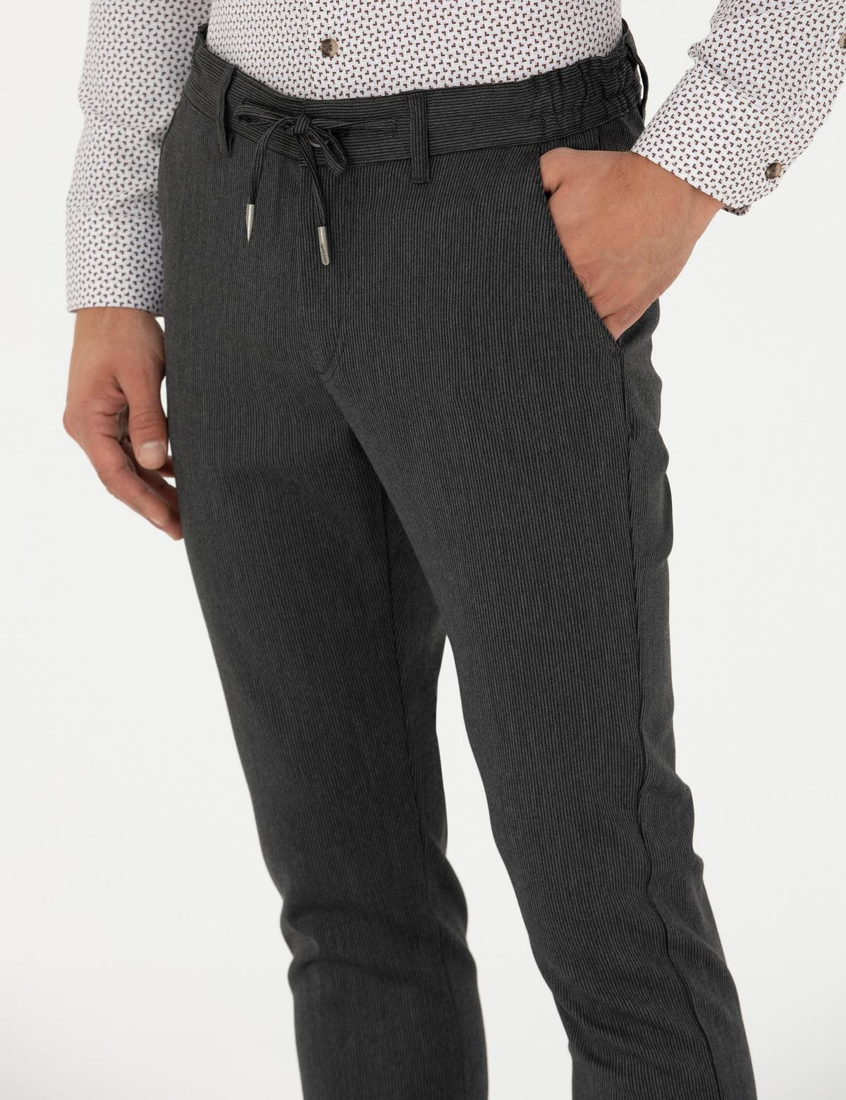 Antrasit Slim Fit Çizgili Beli Lastikli Bağcıklı Kanvas Pantolon - 50279389146