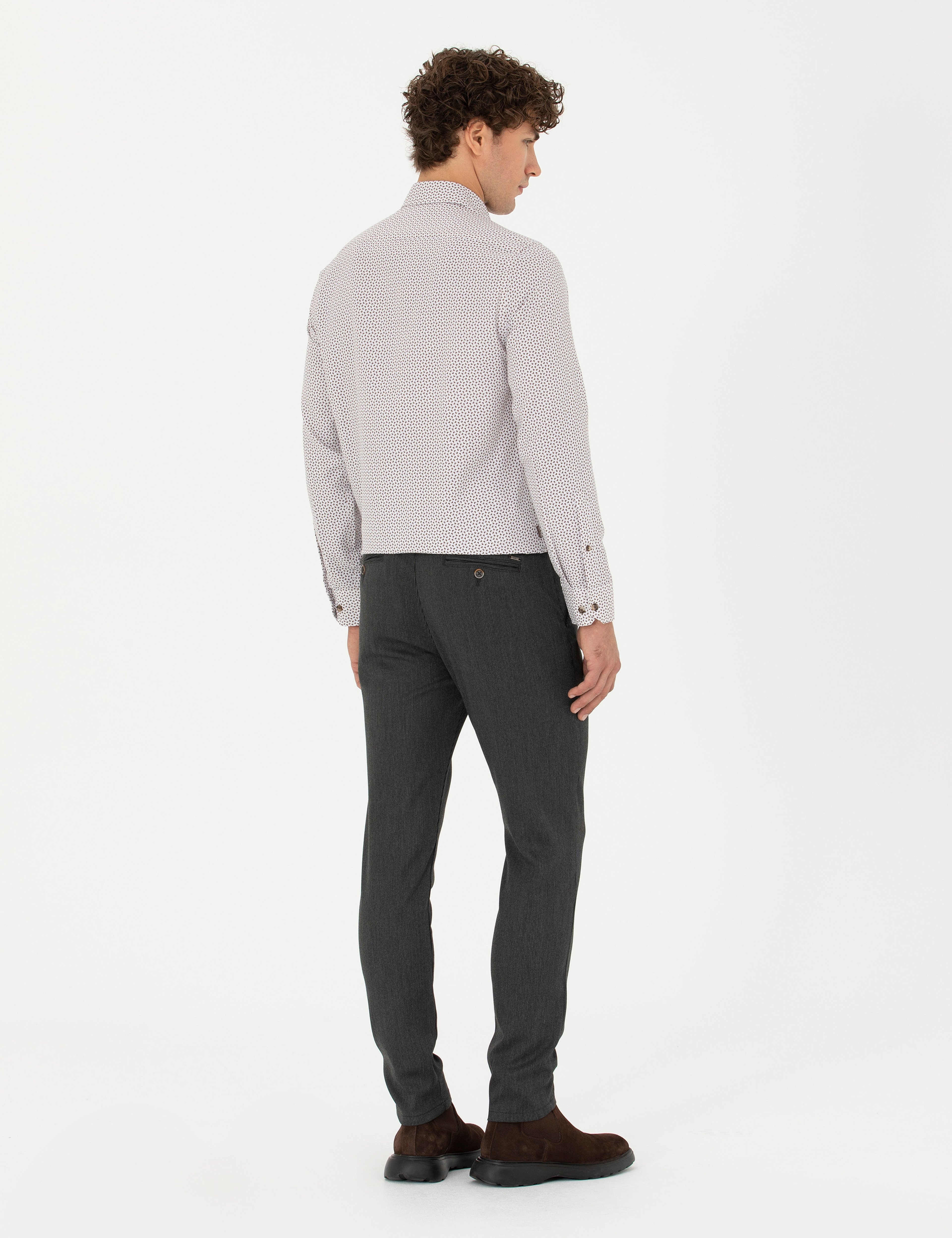 Antrasit Slim Fit Çizgili Beli Lastikli Bağcıklı Kanvas Pantolon - Image 4
