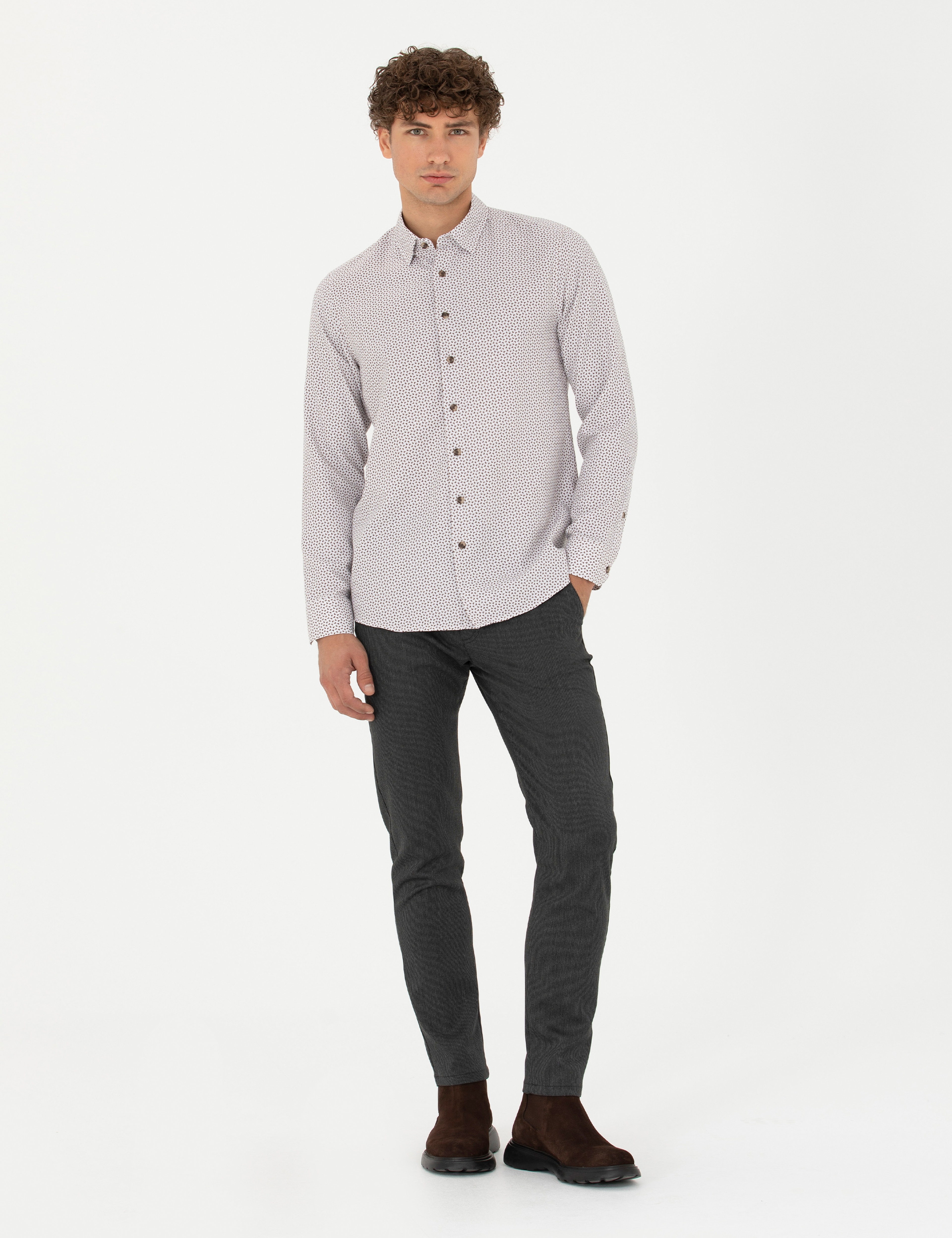 Antrasit Slim Fit Çizgili Beli Lastikli Bağcıklı Kanvas Pantolon - Image 1