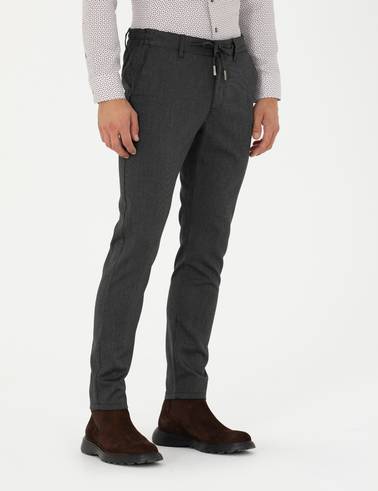 Antrasit Slim Fit Çizgili Beli Lastikli Bağcıklı Kanvas Pantolon